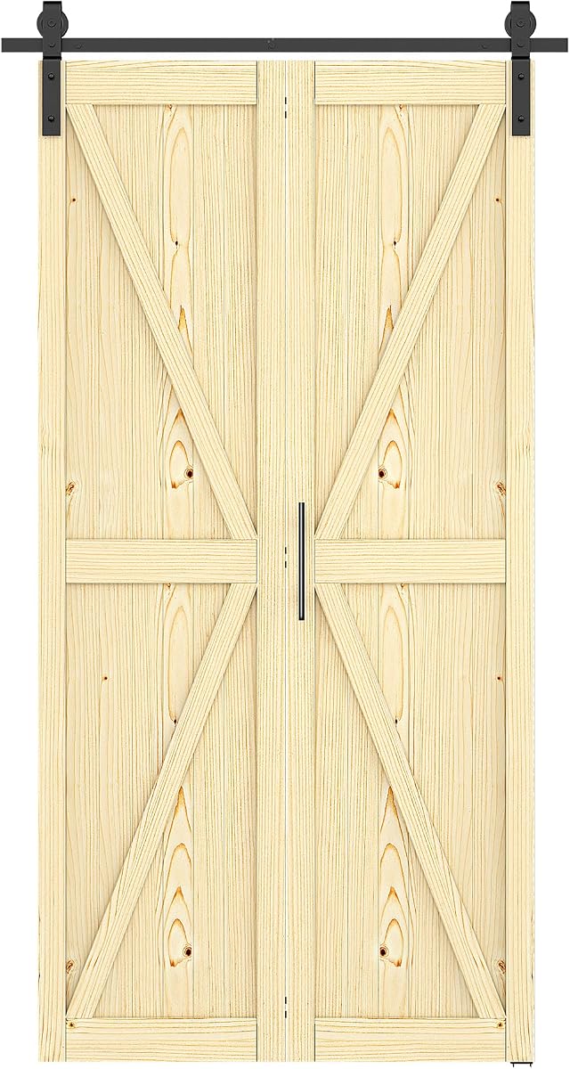 ROOMTEC Puerta de granero plegable de 42 x 84 pulgadas con kit de herrajes, puerta de armario plegable de madera de pino maciza sin terminar para dormitorio o armario, requiere ensamblaje, bricolaje, teñible, acabado natural