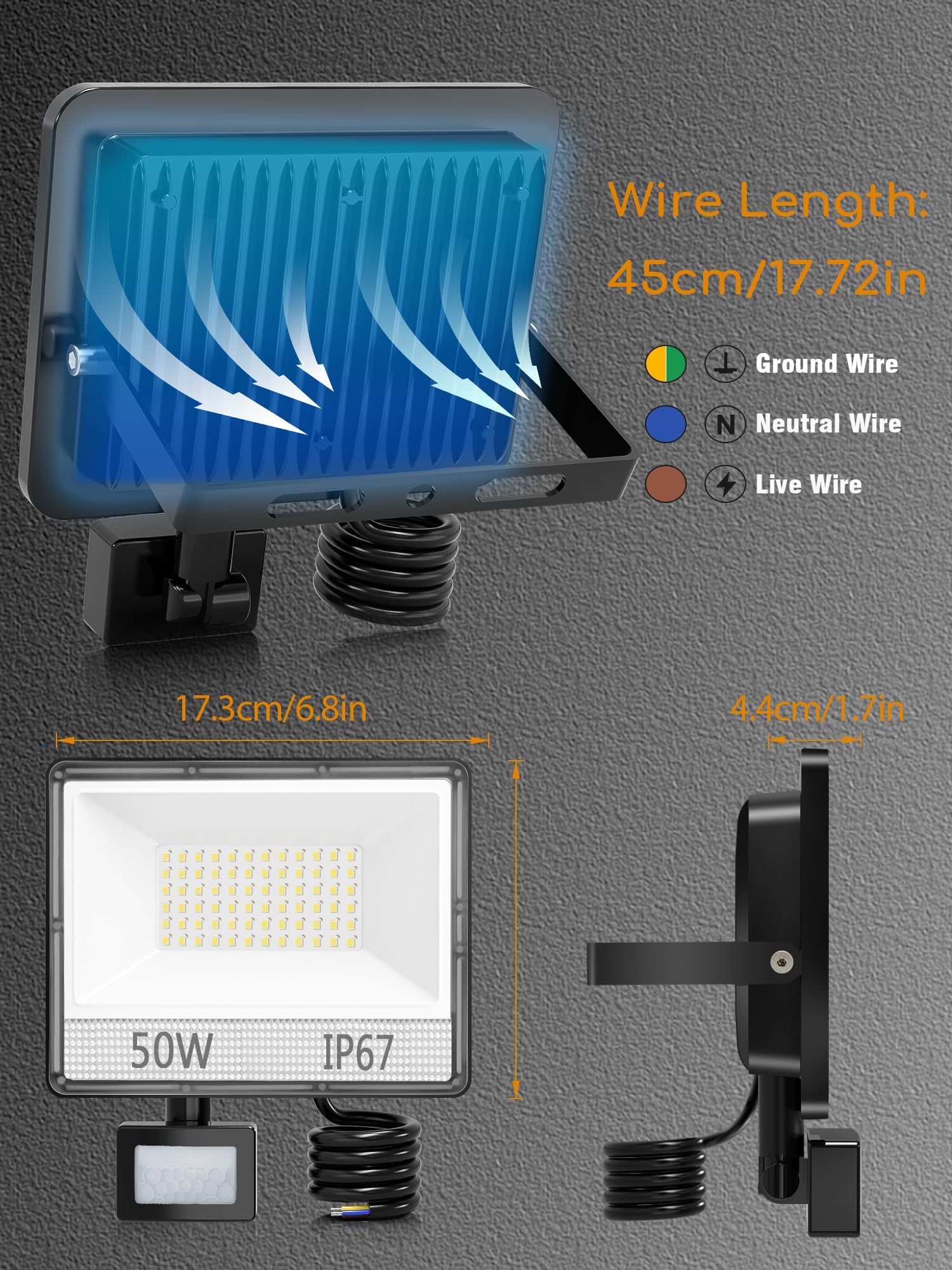 Faro LED Esterno con Sensore Movimento 50W - 2 Pezzi 5000LM Faretto da Esterno 6500K Bianca Fredda Fari Led, IP67 Proiettore per Giardino Cortile Garage