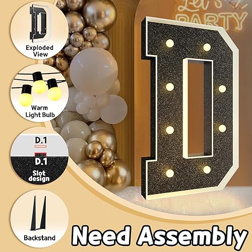 Miniatura 3 de imprsv Letras de marquesina negras de 3 pies decoración de fiesta negra - Letra iluminada D grande de 3 pies de alto - Carta de decoración de fiesta