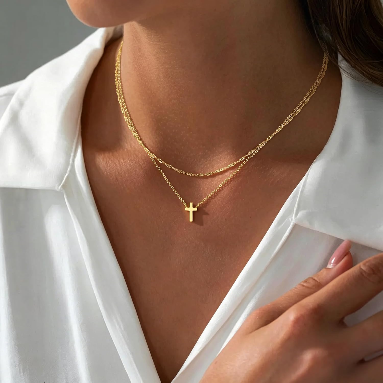Cross Necklace for Women Dainty Small Cross Pendant Choker 14K Gold Plated Simple Trendy Cute Cross Charm Chain Necklace Easter Baptism Religious Faith Jewelry Gift