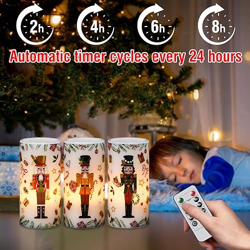 Miniatura 3 de Velas de pilar sin llama de cascanueces de Navidad con temporizador remoto, velas LED en soporte de cera real, vela a pilas para decoración de