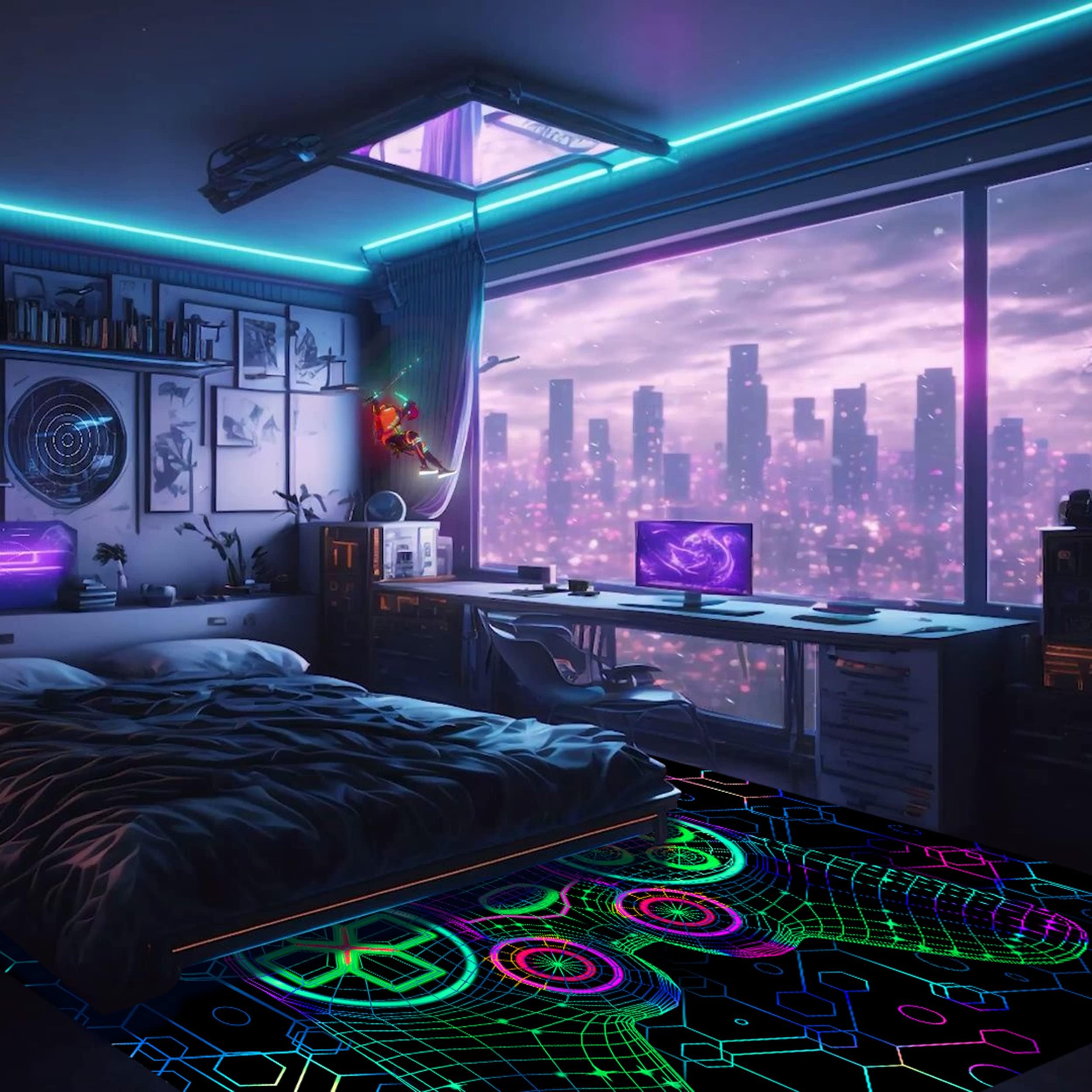 HOLAVIDA Tappeto per Giochi Neon, 3D Tappeto Reattivo ai Raggi UV del Controller di Gioco, Tappetino Fluorescente Antiscivolo per Pavimenti, Decorazione per la Sala Giochi dei Bambini, 180x120cm