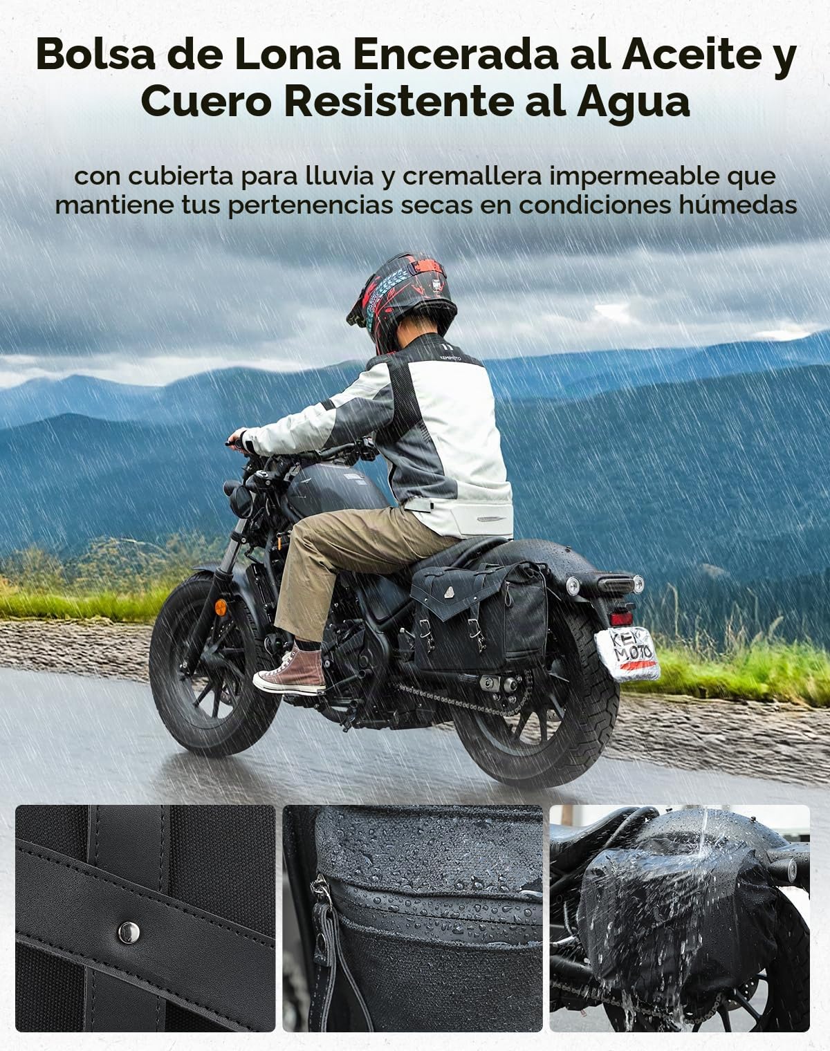 KEMIMOTO Bolsa trasera para moto, impermeable, de lona encerada al aceite, universal, de una sola cara, compatible con Softail Dyna Sportster Cruiser (15 L)