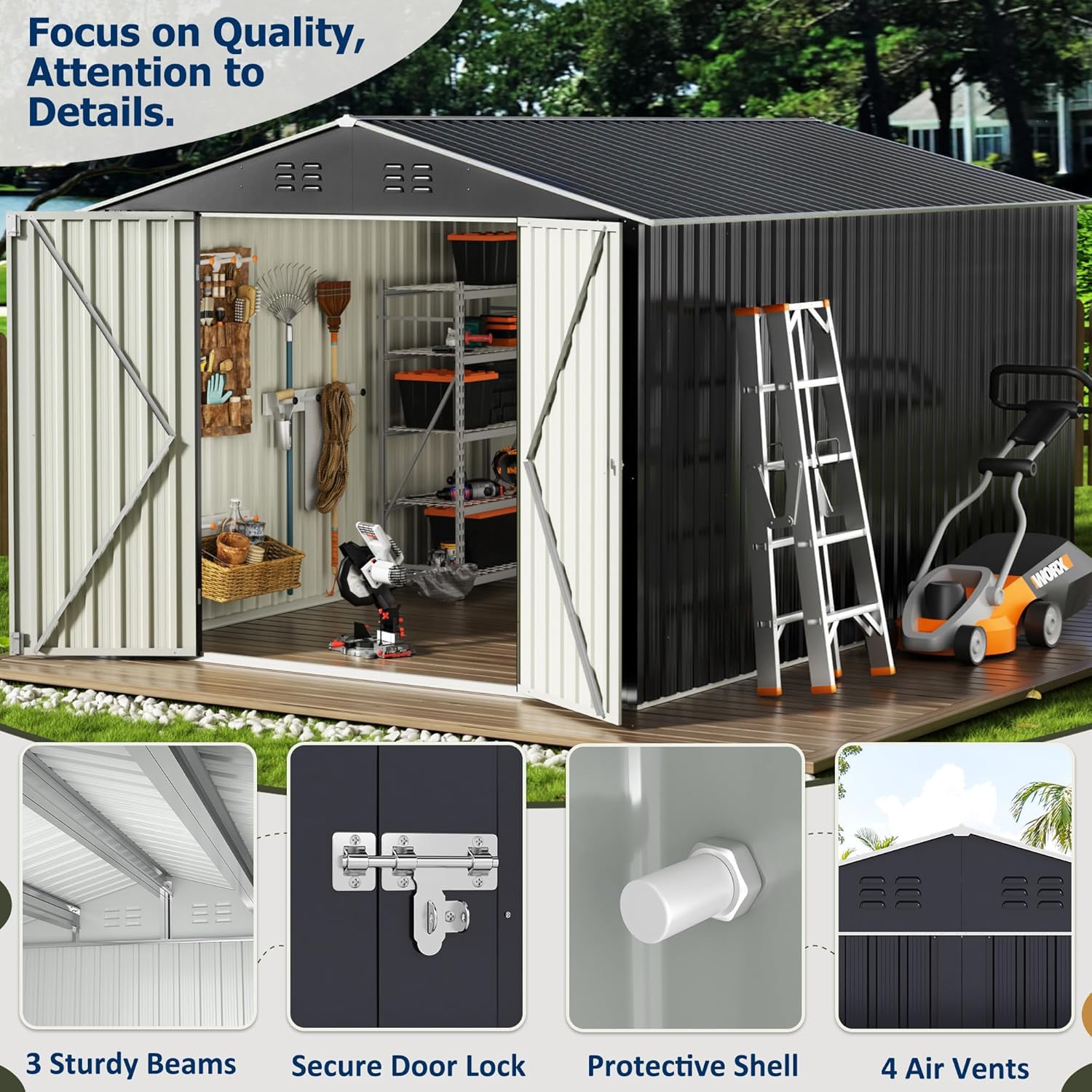 VIWAT 8' x 12' Outdoor Steel Storage Shed with Updated Frame