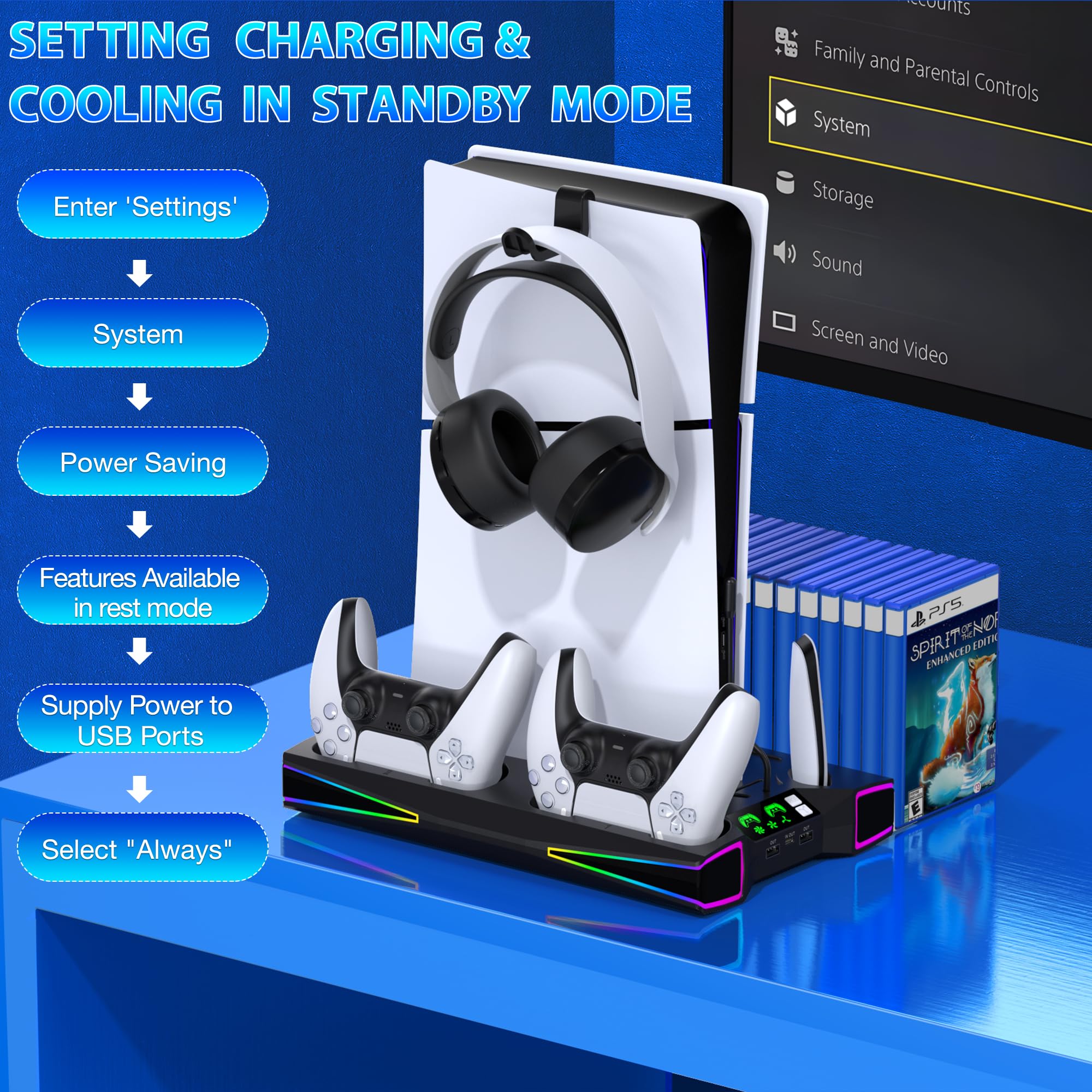 Supporto PS5 con ventola regolabile automaticamente a 3 livelli per controller PS5, stazione di ricarica/gancio per cuffie, PS5 Slim Base accessori con effetti di luce RGB per PS5 Slim Disc & console
