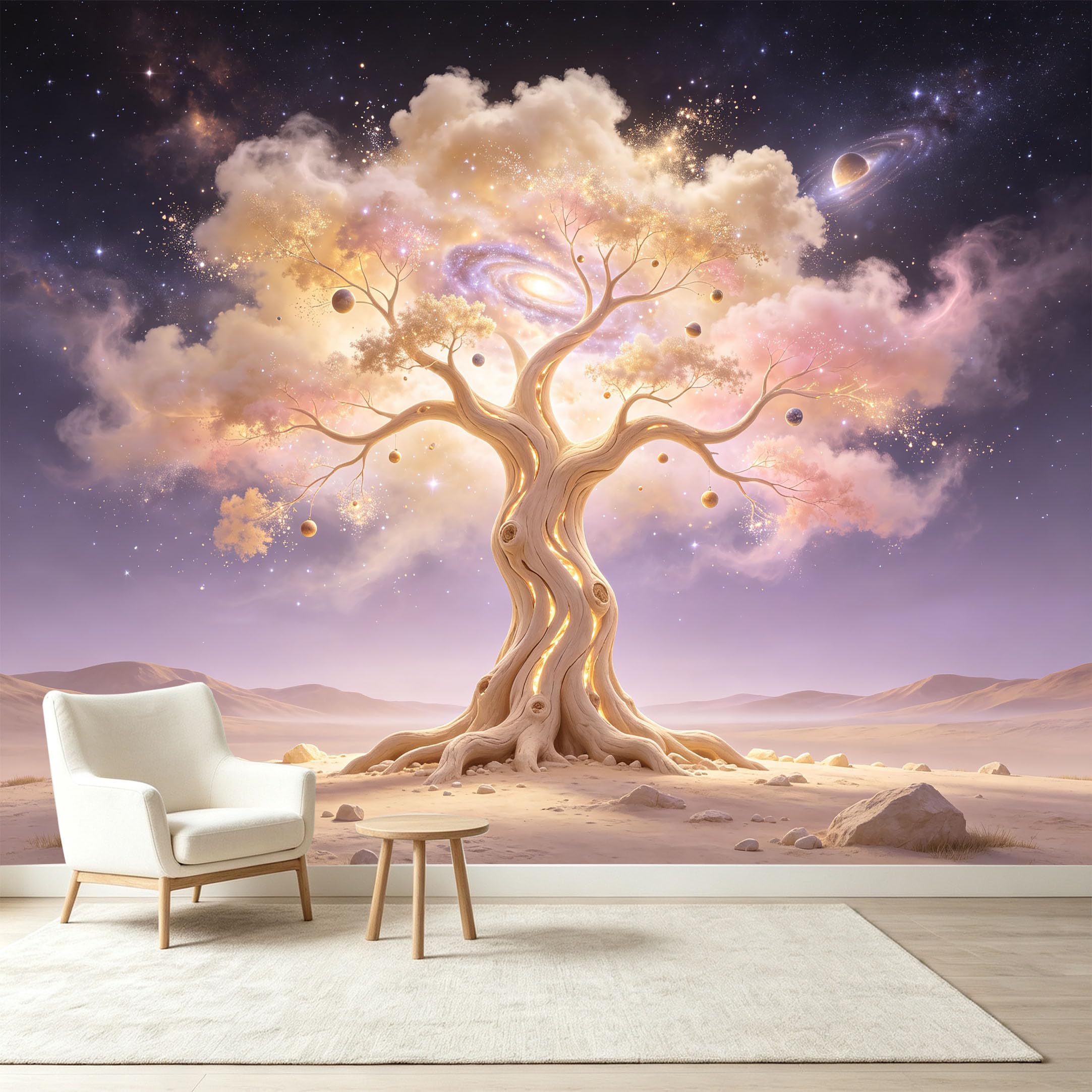 Custom Size Wall Murals Cosmic Ancient Tree Nebula Energy Planets Starry Night Sky Self-Adhesive Wall Fabric Removable Wallpaper Wall Decor for Living Room Bedroom Bathroom