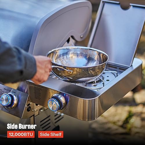 Miniatura 8 de Monument Grills 77352 Parrilla de gas propano de acero inoxidable de 6 quemadores con controles LED, quemador lateral, termómetro integrado y kit de