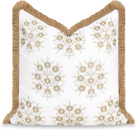 Hofdeco Premium Coastal Patio Indoor Outdoor Throw Pillow Cover Only, 20"x20" Water Repellent for Backyard, Couch, Neutral Tan Embroidered Floral with Fringe