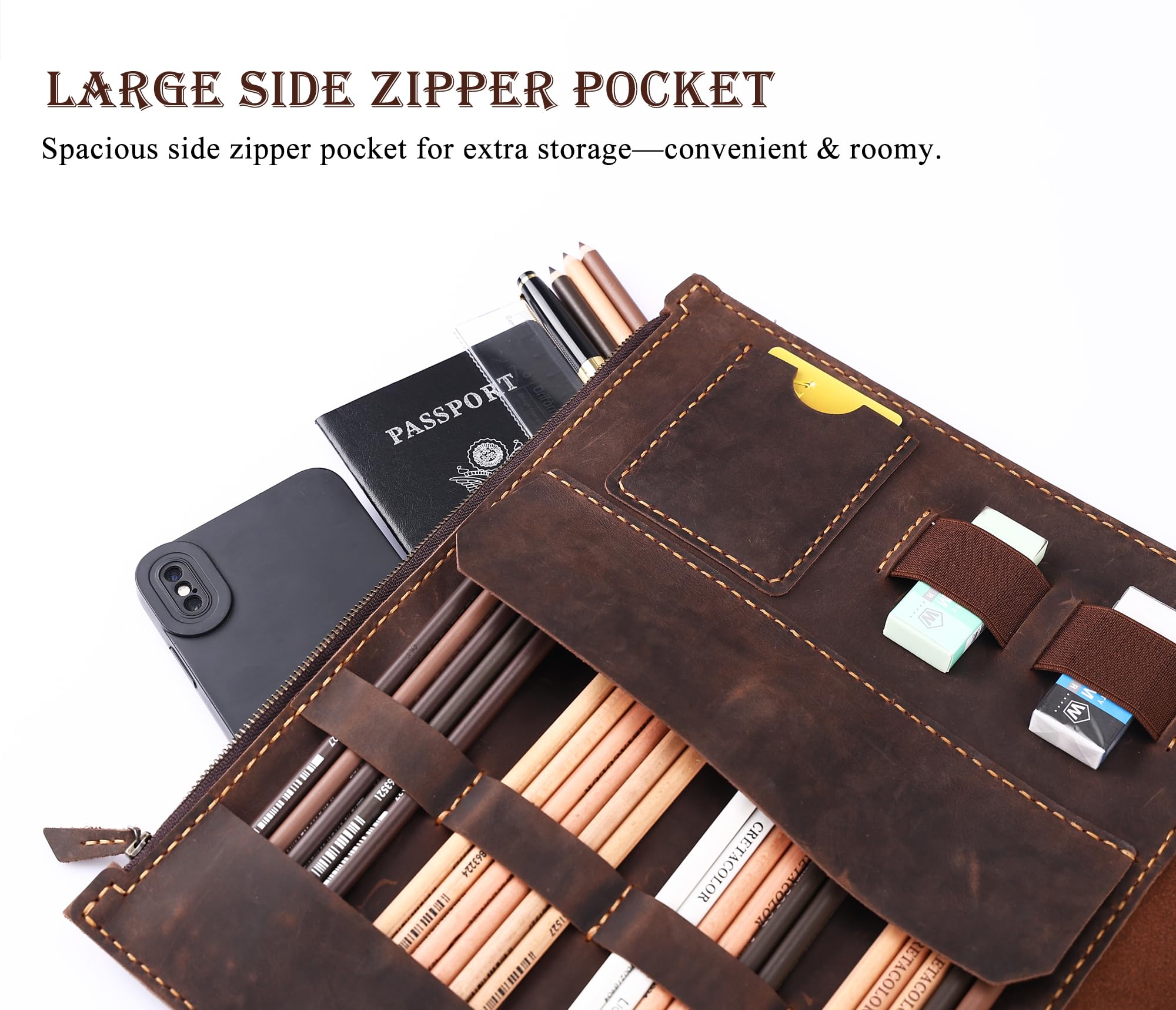 Fasjosma Housse de carnet de croquis en cuir pour carnet de croquis A4/22,9 x 30,5 cm – Fait à la main en cuir véritable avec porte-crayon et poche zippée, fournitures de dessin professionnels (marron