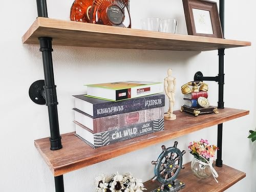 Miniatura 6 de Anynice Estantería industrial de 5 niveles, estantería rústica de tubería de metal de madera montada en la pared para sala de estar (marrón