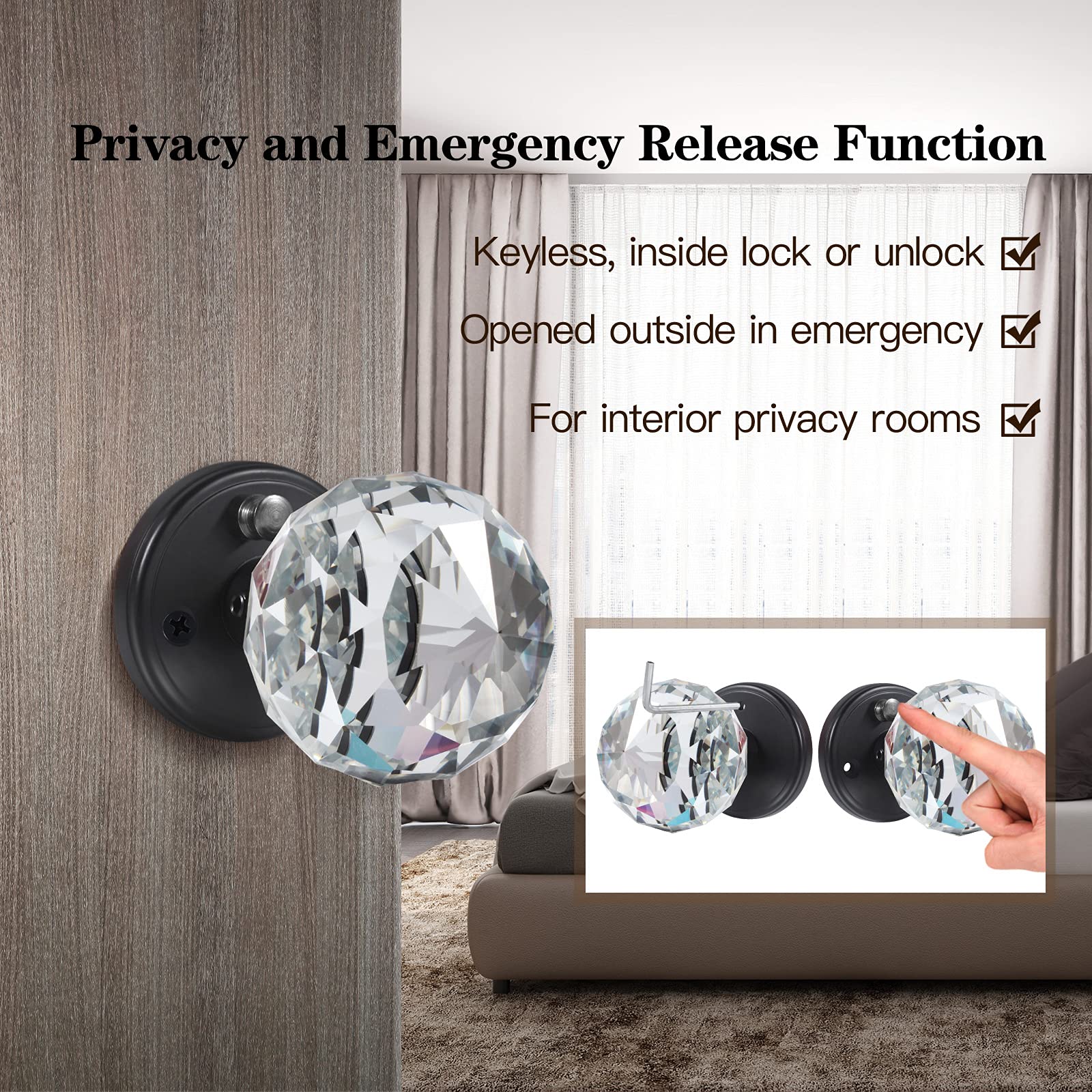 Balin Designs Crystal Doorknobs - Matte Black, Round Glass