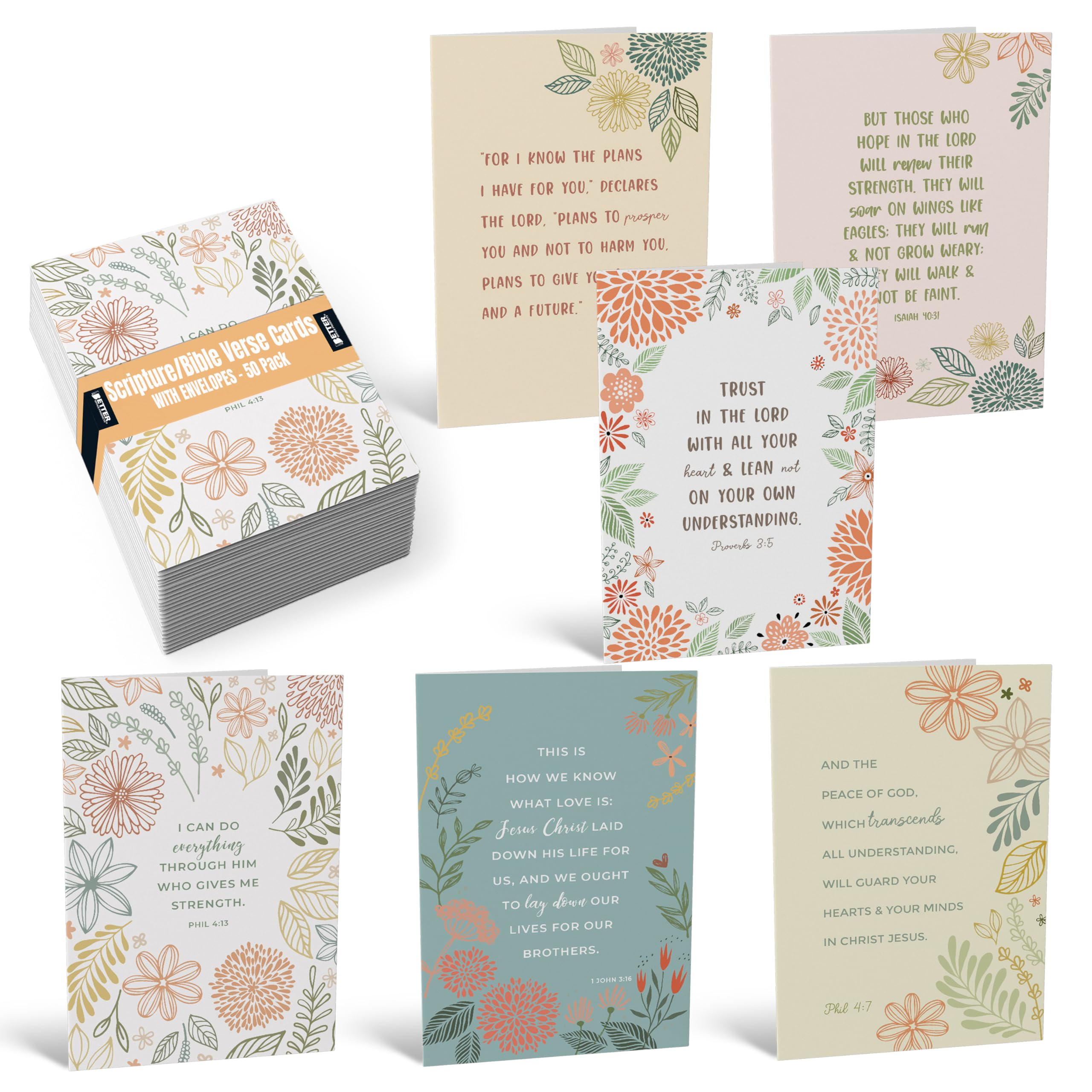 Better Office Products 50 Pack Inspirational Christian Greeting Cards with Envelopes, 6 Bible Verses, 6 Designs, 4x6 Inch, Scripture Notecards for All
