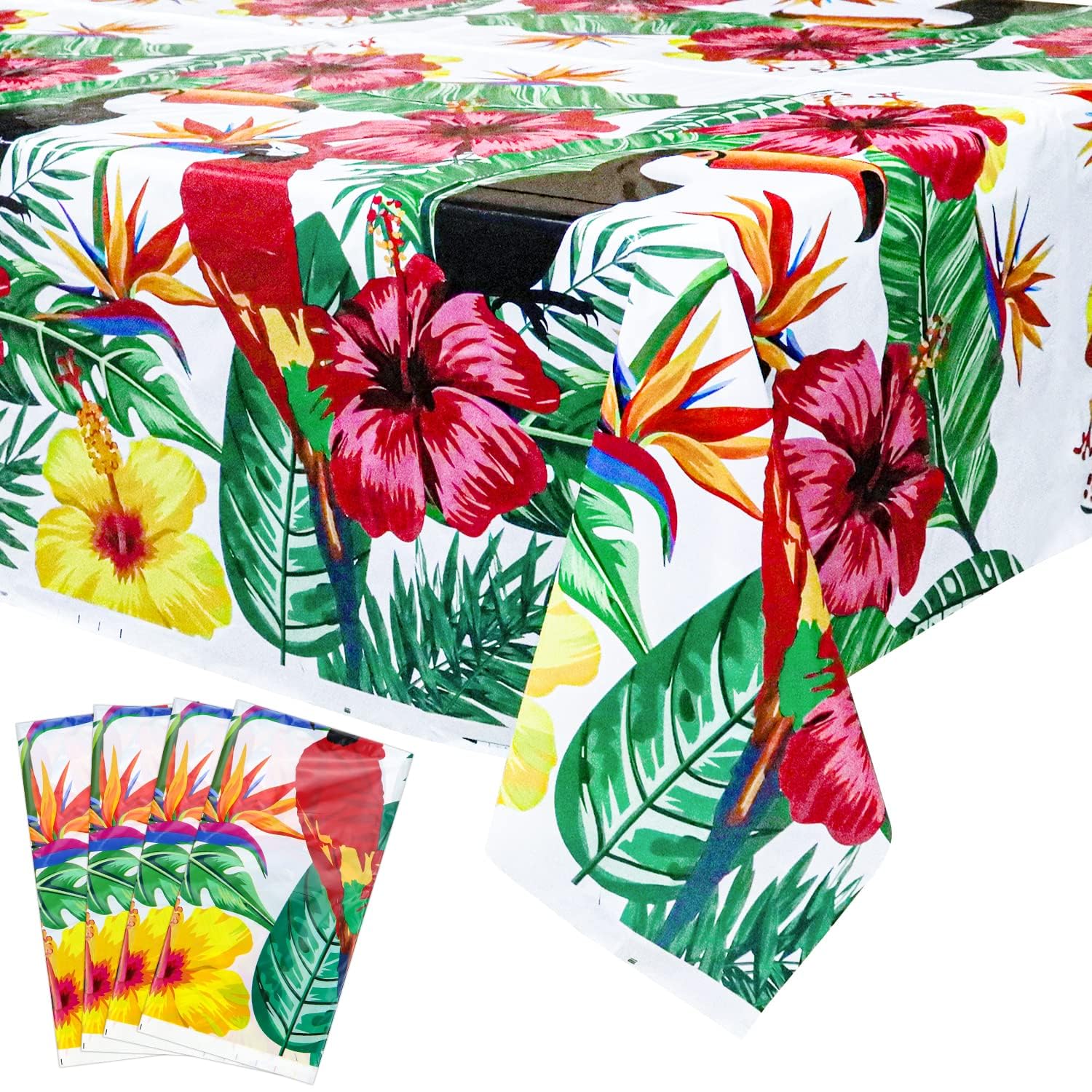 4 Pack Hawaiian Luan Tablecloths - 86.6”x51.2” Disposable Plastic Tropical Palm Leaf Tablecloths, for Hawaiian Luan Party Decorations, Jungle Safari Theme Party, Summer Beach Kids Birthday Supplies