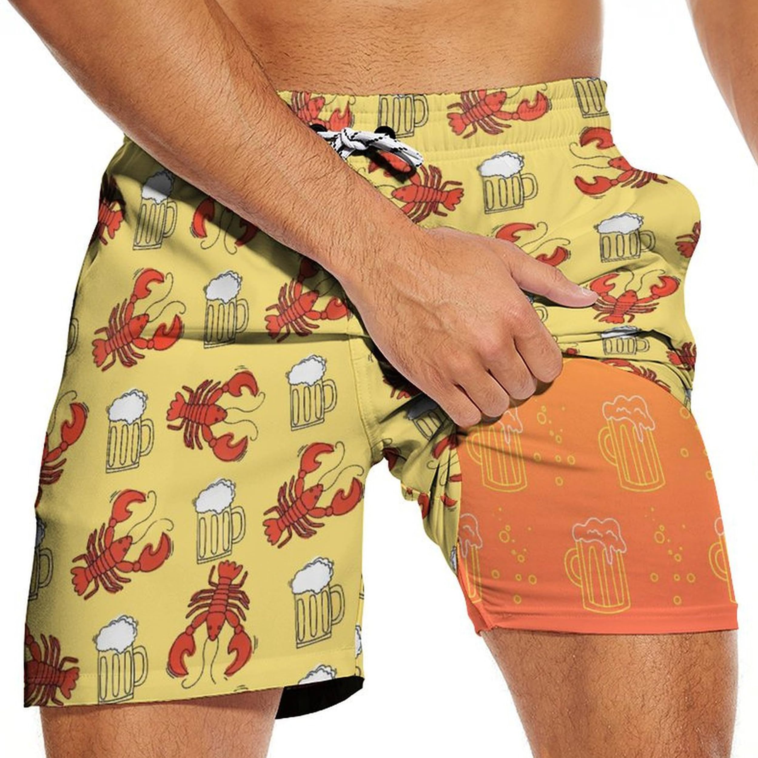 Qoekrfu Mens Swim Trunks 2 in 1 Pattern 5 Inch Swimming Beach Shorts Casual Summer Board Shorts with Pockets