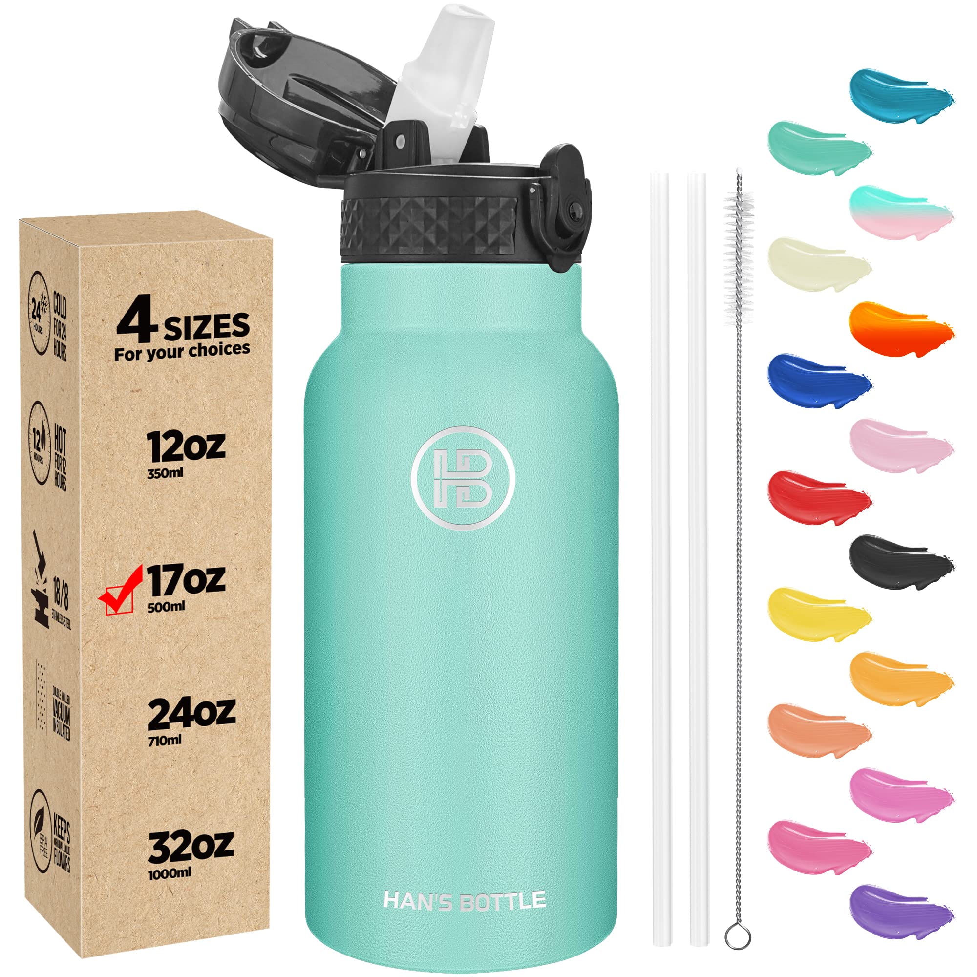 Han's Bottle Kids Water Bottle with Straw Lid - Insulated Stainless Steel Reusable Tumbler for Girls,Boys,Thermo Mug,17oz,Sky