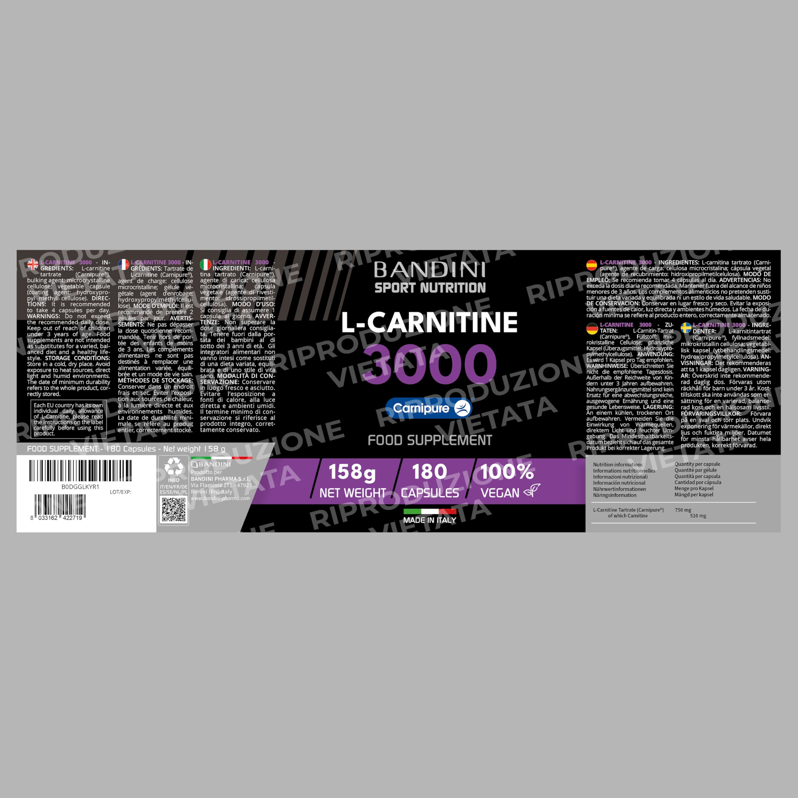 Bandini® L CARNITINA 3000, 180 capsule vegane con Carnipure® ad Alto Dosaggio, Integratore Sportivo con Tartrato di L-Carnitina, Pure Carnitine ad Alto Assorbimento e Biodisponibilità, Senza Additivi