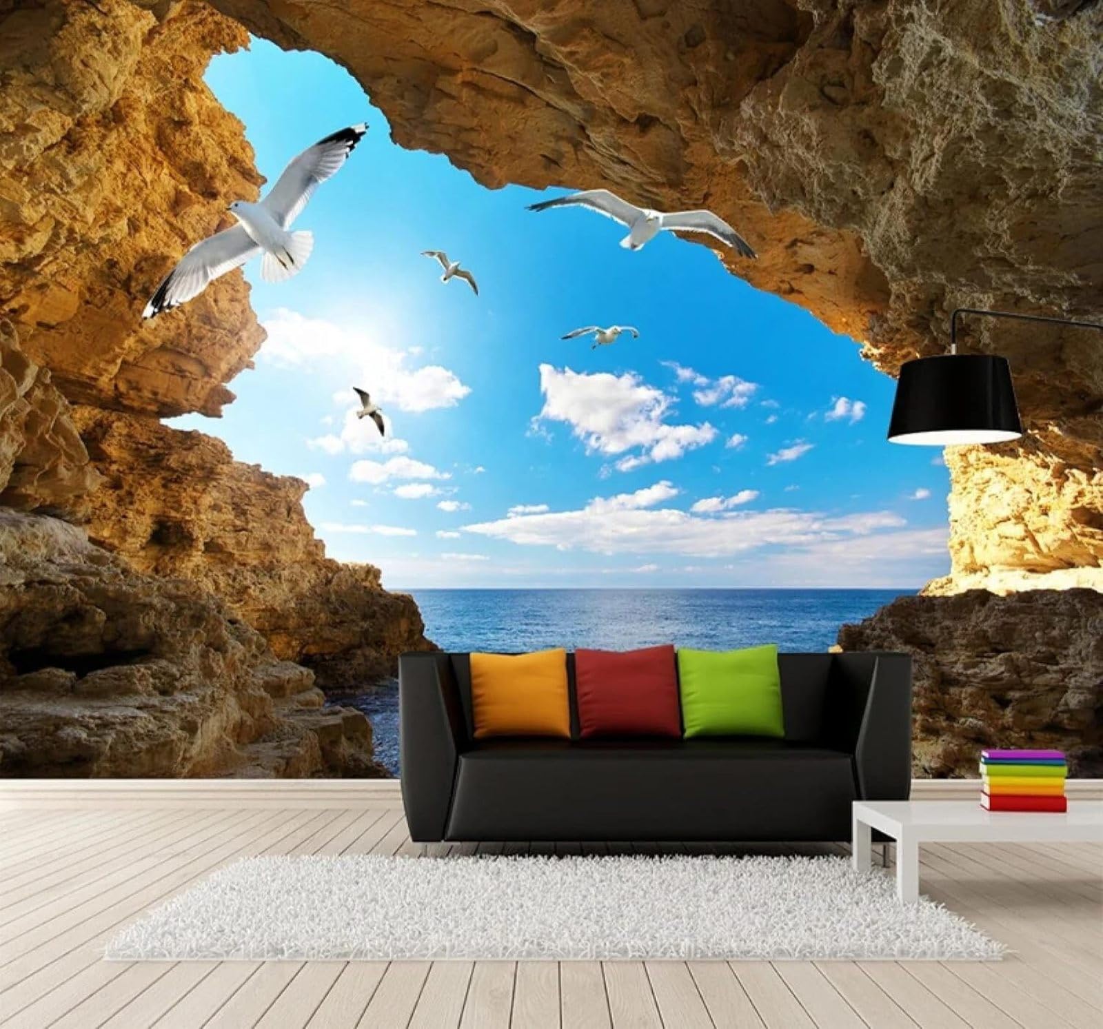 XLMING Blue Sky White Clouds Seagulls Caves Scenery 3D Wallpaper Silky Texture Home Study Office Grey Dining Room Sofa Bedroom Living Room TV Backdrop-430cm×300cm