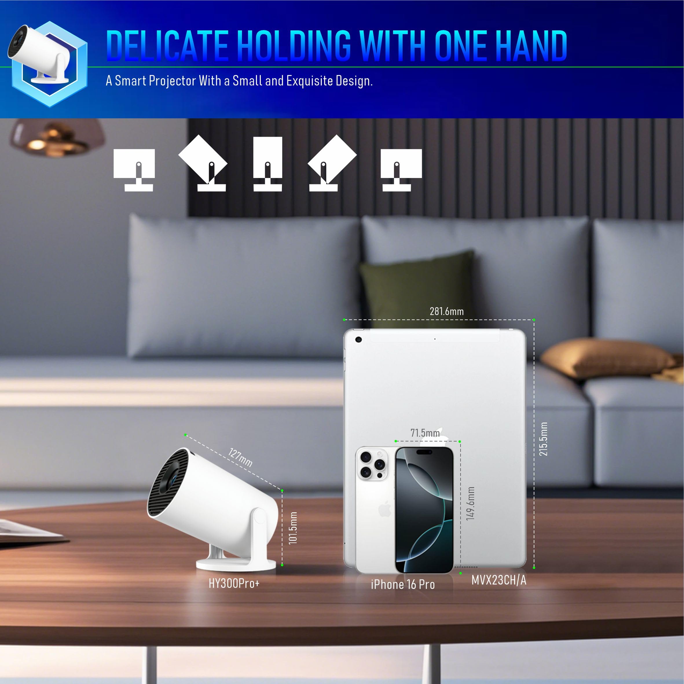 Portable Video Projecteur Mini Projecteur 4K Videoprojecteur WiFi 6 BT5.4 Android 11 Retroprojecteur 1080P Full HD Supporté pour TÉLÉPhone PC Lap HDMI Home Cinéma 180° Rotation (Middle)