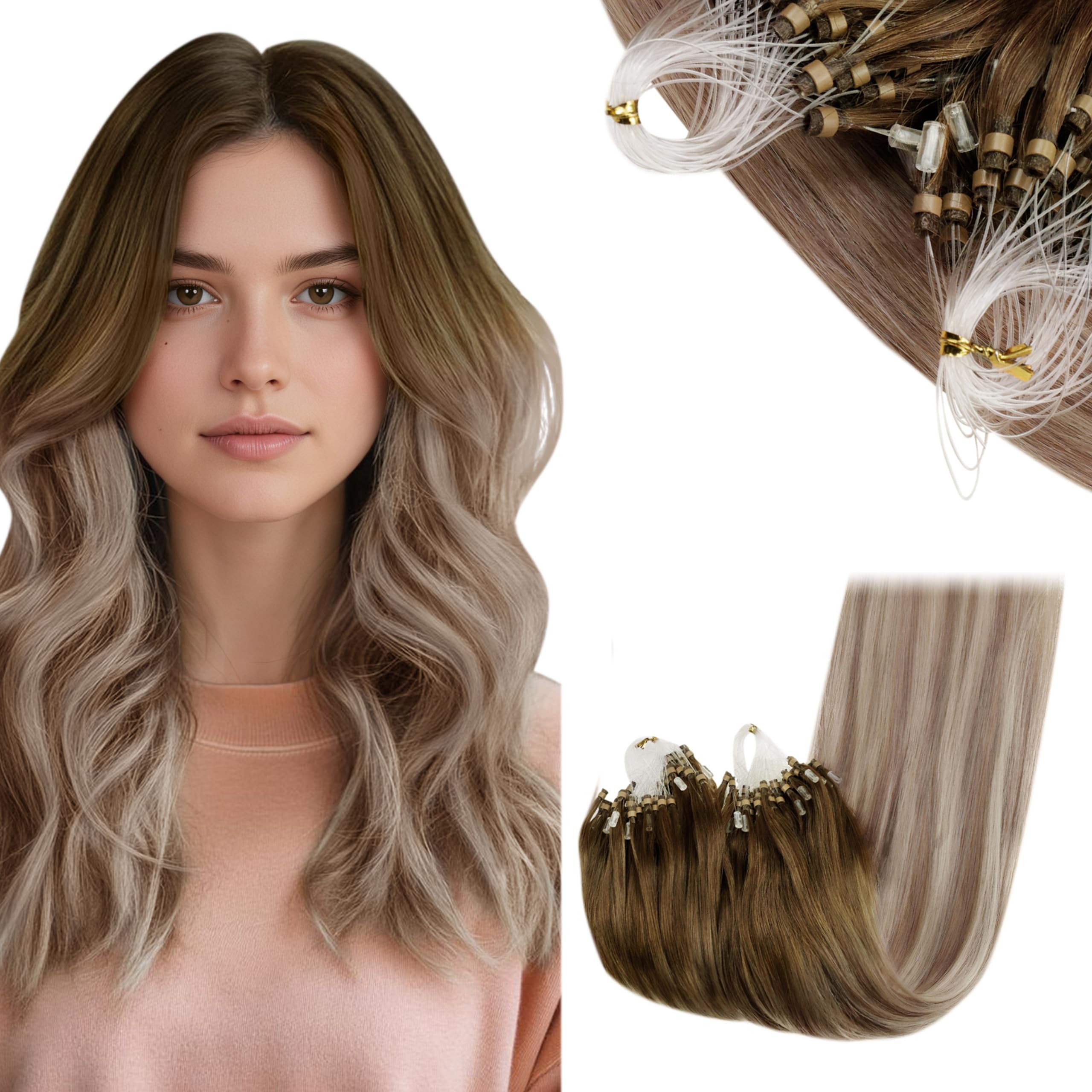 RUNATURE 18 Inch Nano Hair Extensions Real Human Hair Black Balayage Brown Nano Beads Hair Extensions Real Human Hair Ombre Blonde Invisible Straight Remy Nano Rings Hair 50g 50s #1b/4/27 — view 20