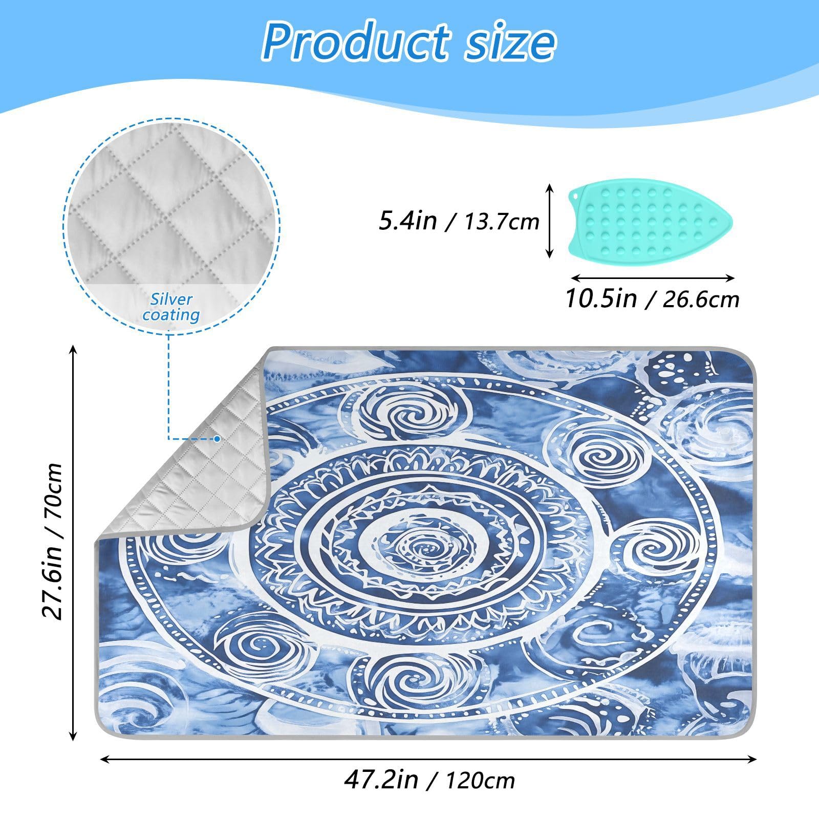 pnyoin Portable Ironing Mat Retro Classic Blue Travel Ironing Pad with Silicone Iron Rest for Steam Pressing on Tabletop or Bed Heat Resistant Portable Quilting & Travel Blanket
