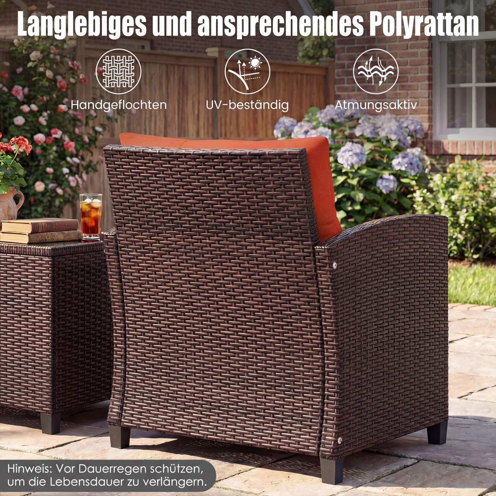 COSTWAY Rattan Gartenmöbel Set, 3-TLG. Balkonmöbel inkl. 2 Sessel, Kissen & Tisch mit gehärteter Glasplatte, Balkon Möbel klein, Wetterfeste Sitzgruppe 2 Personen (Orange)