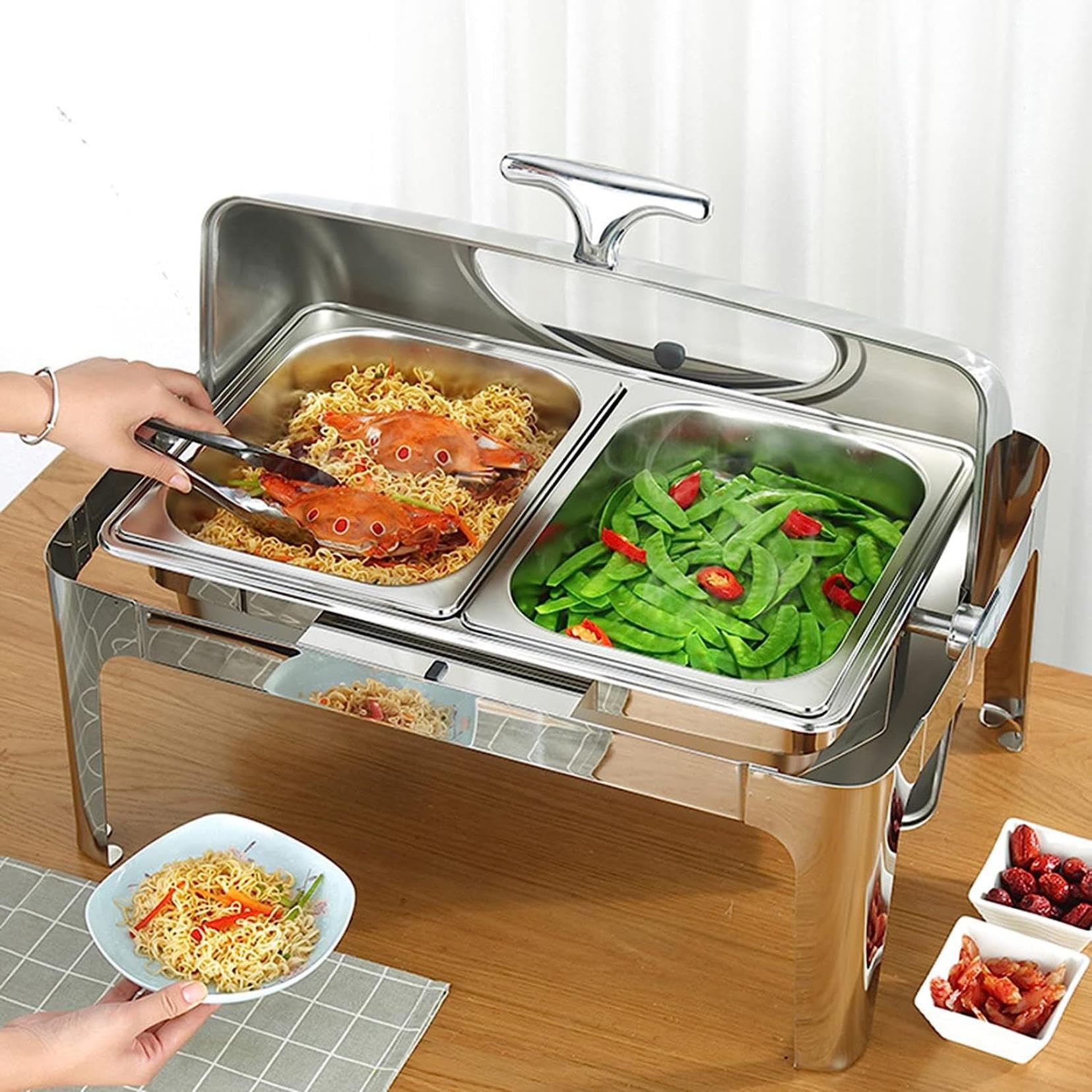 Server e riscaldatore per buffet: piatto per buffet con coperchio, impostazione buffet con spezzatino, scaldavivande per buffet per feste, riscaldatore per buffet da tavolo.Scaldavivande a carrello