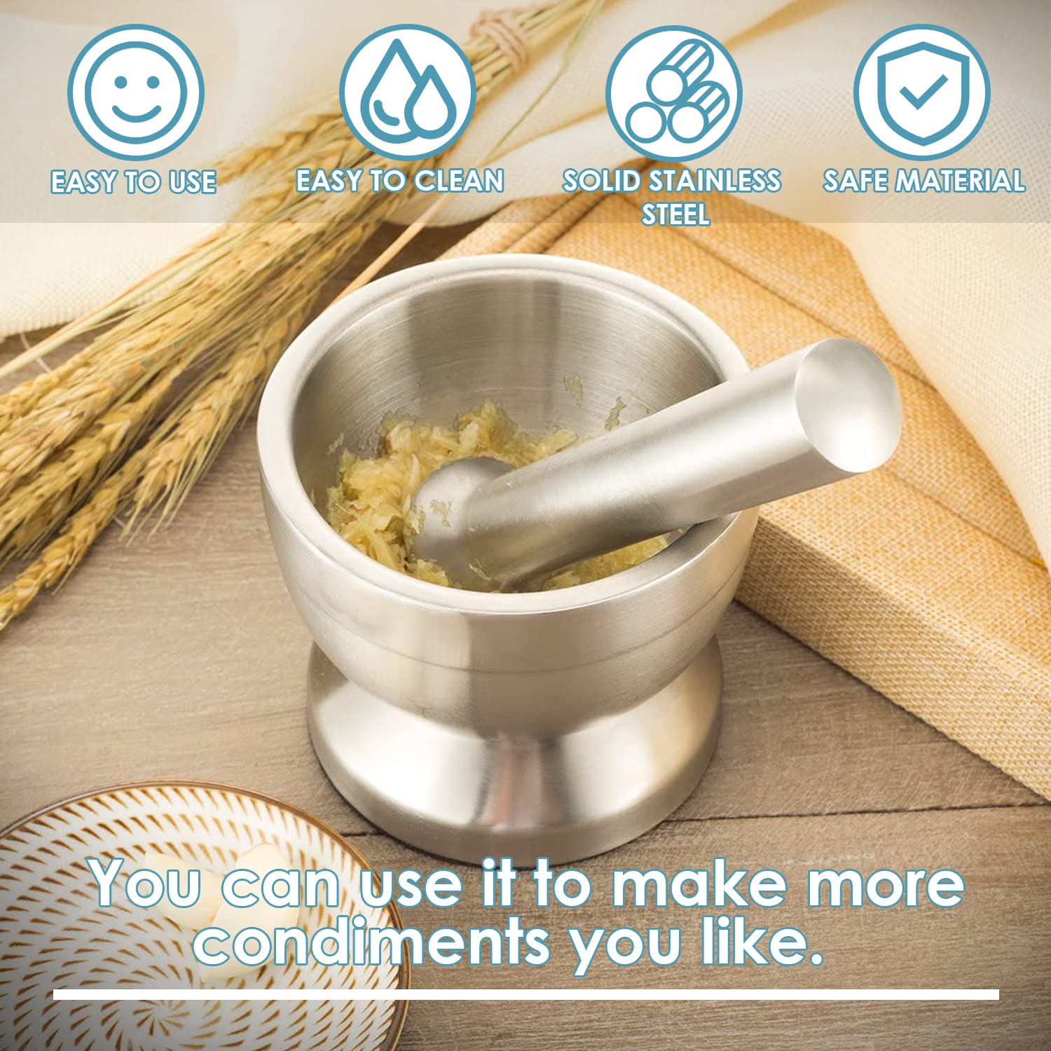 KEISSCO Edelstahl Mörser und Stößel Set, Gewürzmühle Pillenzerkleinerer mit Silikon Schutzdeckel - Heavy Duty Mörser Stößel für Molcajete Kräuterschale, Pesto Pulver, Gewürze Kräutermühle