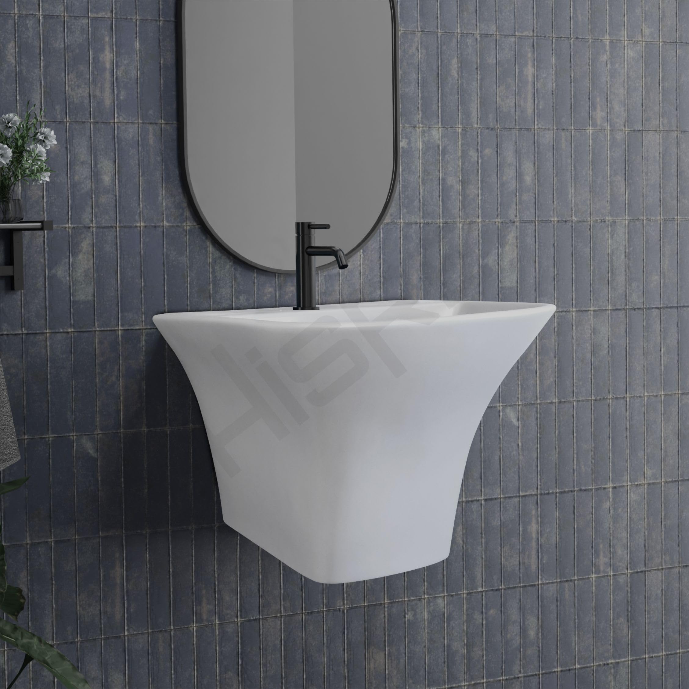 Hisre Modern Wall-Mounted Matte Ceramic Wash Basin with Curved Rectangular Design | Space-Saving Floating Bathroom Sink for Contemporary Interiors (White Matt), photo 2 of 5