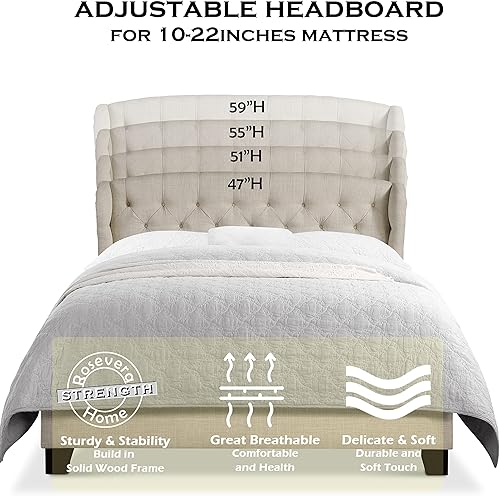 Miniatura 3 de Rosevera Torrey - Base de cama con respaldo de alas, cabecera capitoné de altura ajustable, marco de cama tapizado de tela, soporte de listones de