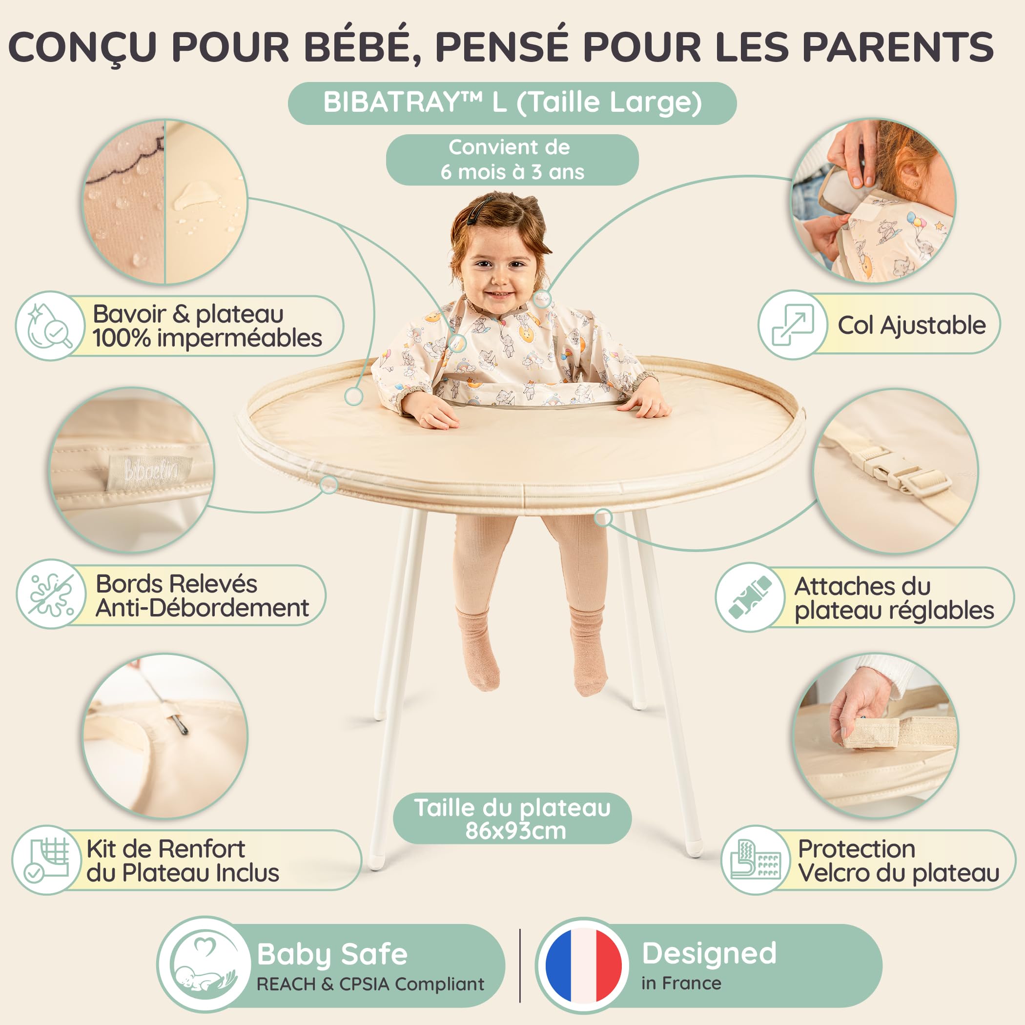 BIBATRAY™ L – Plateau pour Diversification Alimentaire Bébé & Bavoir Manches Longues Imperméable Intégral – Accessoire Chaise Haute bébé + Sac Cordon – Compatible Bebeconfort – 6 Mois+