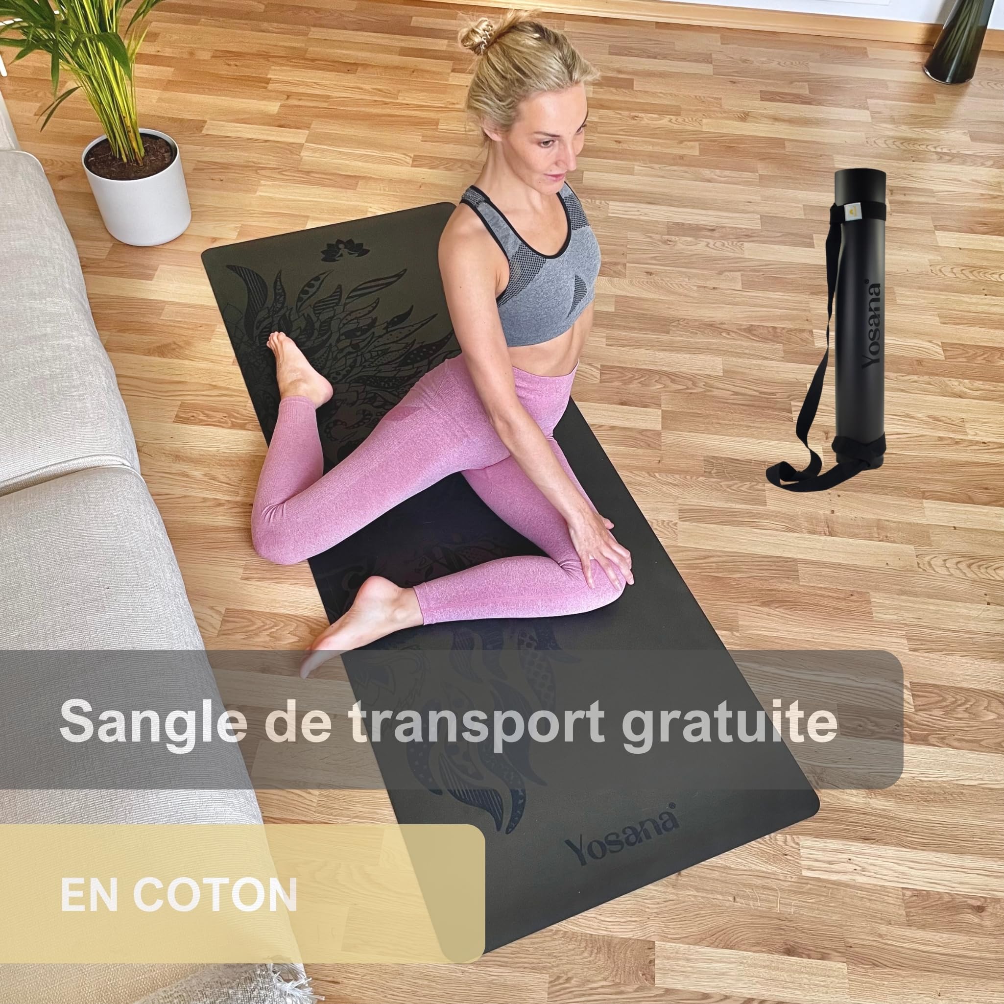 Yosana tapis de yoga en caoutchouc naturel | extrêmement antidérapant | surface ULTRA GRIP en ECO PU | extra large 68cm | tapis de yoga 183x68cm | 4mm d'épaisseur