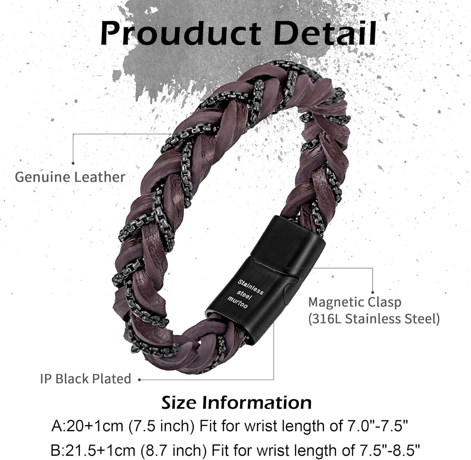 murtoo “Shackles of Freedom” Bracelets for Men, Mens Braided Leather Bracelets with Steel Chains and Magnetic Clasp, Stylish Gift for Men - Image 6