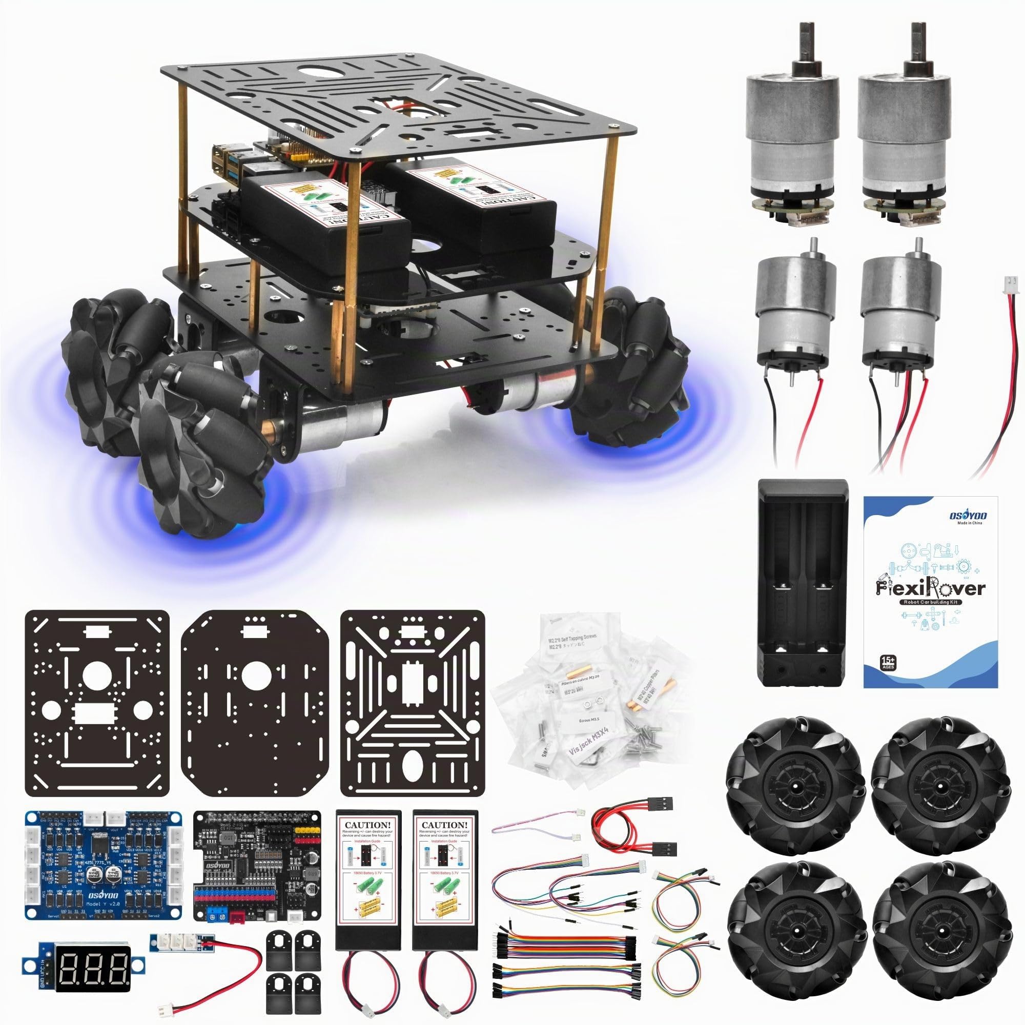 OSOYOO FlexiRover Kit Voiture Robot pour Raspberry Pi - Compatible avec Pi 2/3/4/5, 520 Moteurs avec Encodeurs, Roues Mecanum, Support Servo et Système de Batterie Haute Capacité (Pas de Raspberry Pi