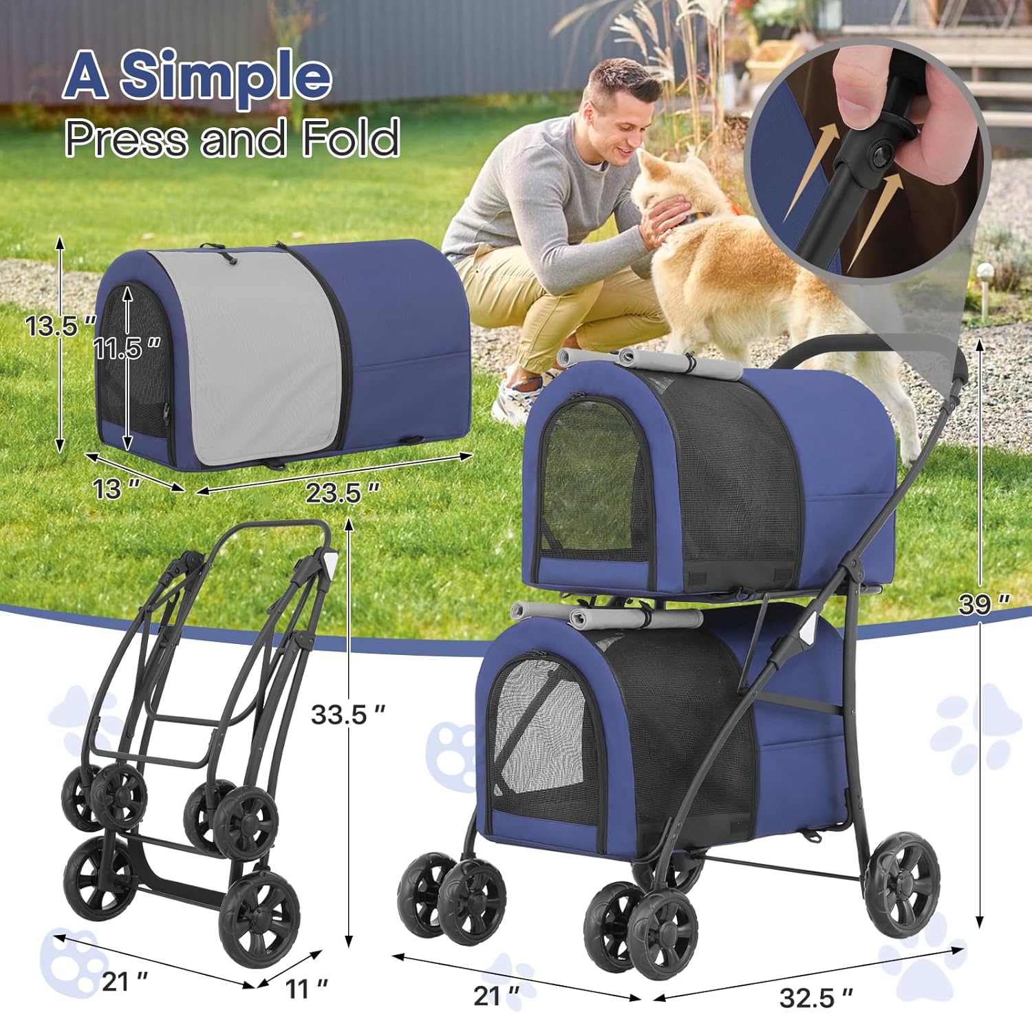 Double Cat Dog Stroller with Detachable Carrier Bags Large 4 Wheels Foldable Jogger for Small and Medium Dog Cats, Dog Wagons Pet Stroller for Medium Dog 20lbs (Navy Blue/Gray) Double Cat Dog Stroller with Detachable Carrier Bags Large 4 Wheels Foldable Jogger for Small and Medium Dog Cats, Dog Wagons Pet Stroller for Medium Dog 20lbs (Navy Blue/Gray)