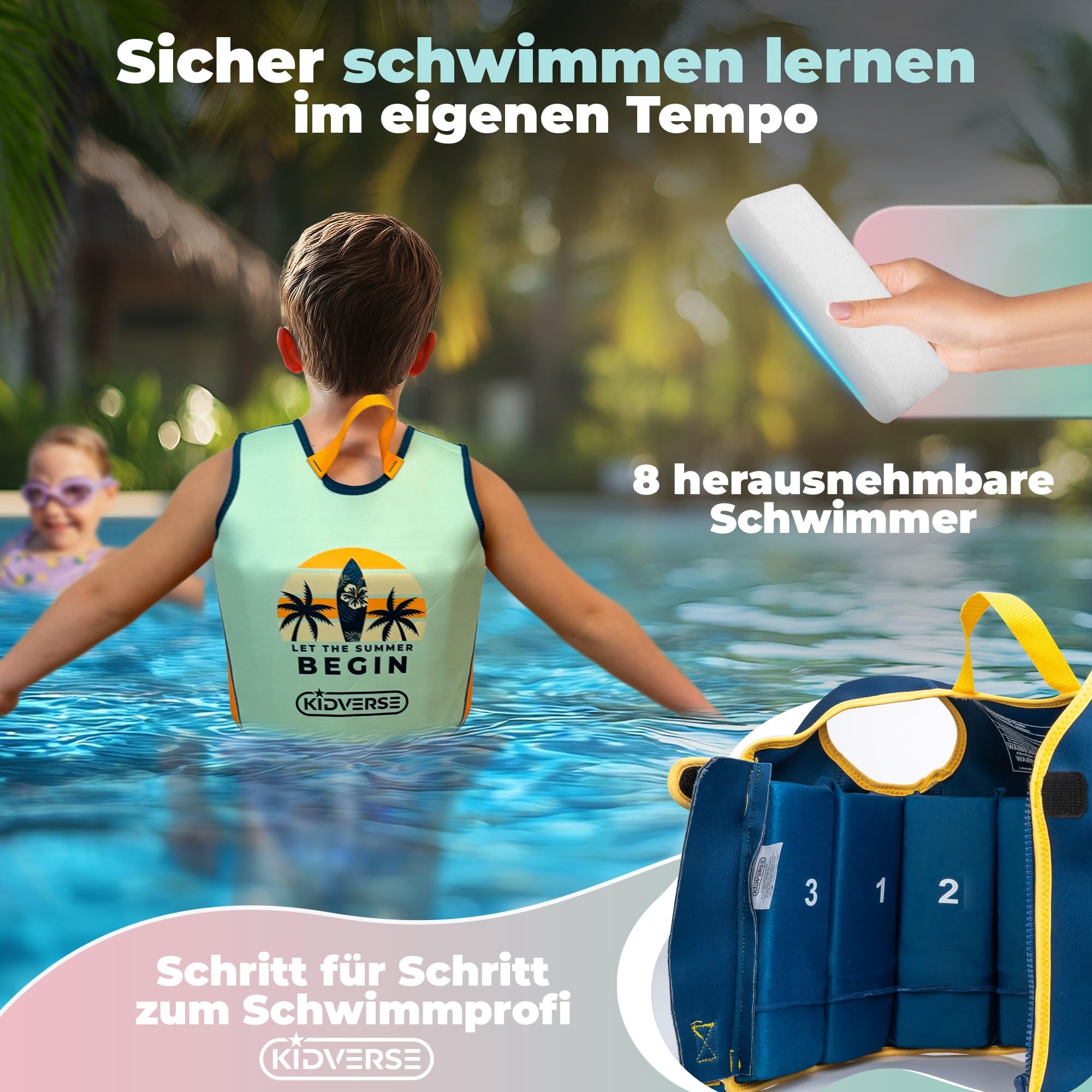 KIDVERSE Schwimmweste Kinder - Testsieger & TÜV geprüfte Schwimmhilfe für Kinder ab 2 Jahre mit verstellbarem Auftrieb - CE-Zertifiziert mit extra weichem Premium Neopren