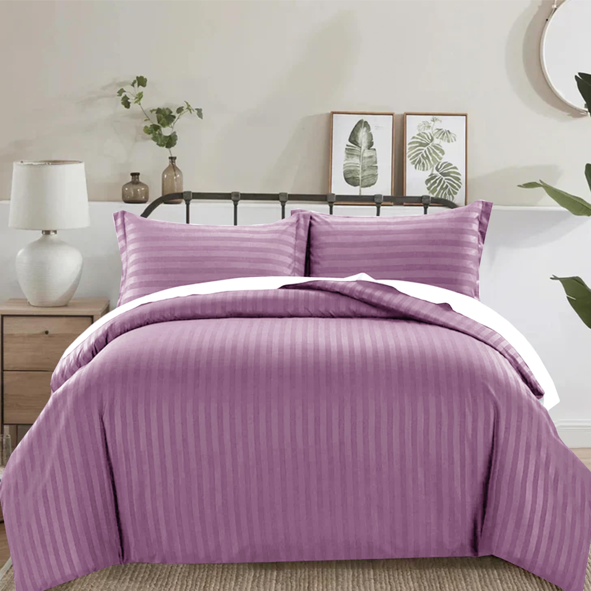 PRIME LINENS 4 Piece Duvet Cover Set Stripes Satin Quilt Cover Bedding Set with Pillowcase and Extra Fitted Sheet Included Machine Wash Hotel Quality (Aubergine, King)