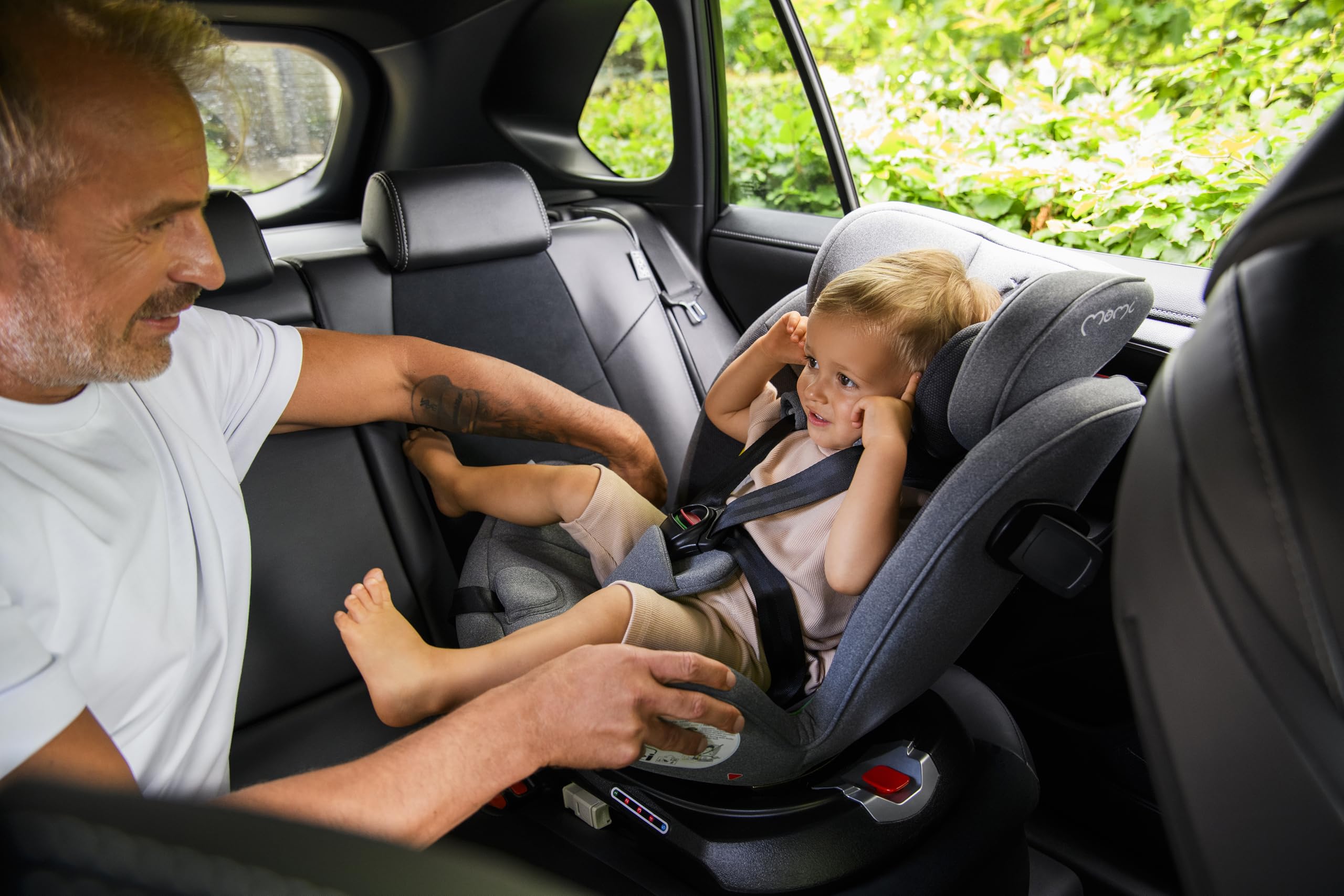 MoMi Autositz für Kinder EMI 0-12 Jahre (Gruppe 0+, 1, 2, 3, 3, Kinder bis 36 kg, 40 bis 150 cm), 360° drehbar, Einbau rückwärts: bis 18 kg, vorwärts: ab 18 kg, Befestigung mit ISOFIX und Top-Tether