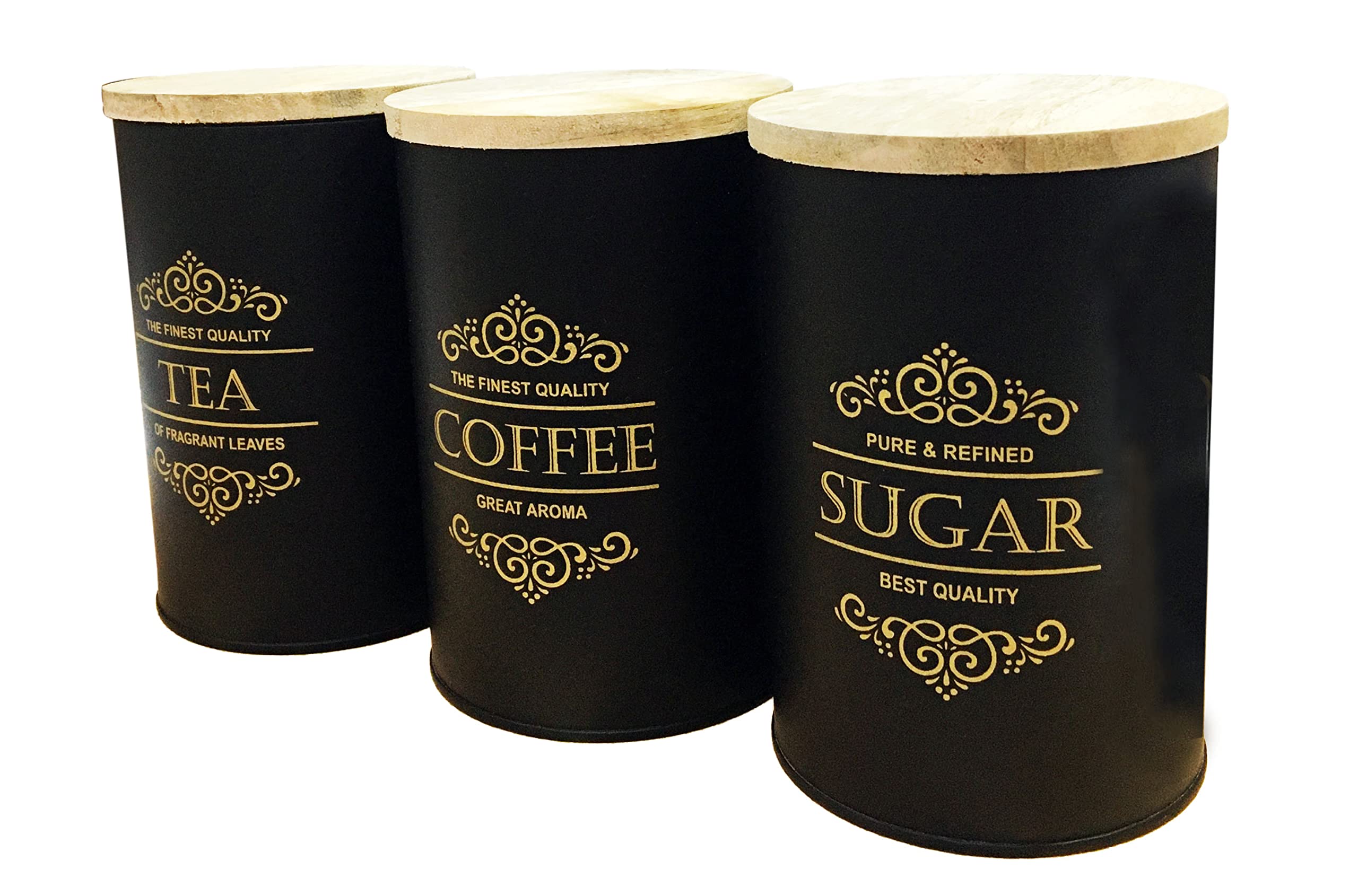 Nobel Black,Gold - Vintage Home Tea Sugar Coffee Biscuits Bread Pasta Canisters With Lid -Black (Tea Coffee Sugar With Wooden Lid)