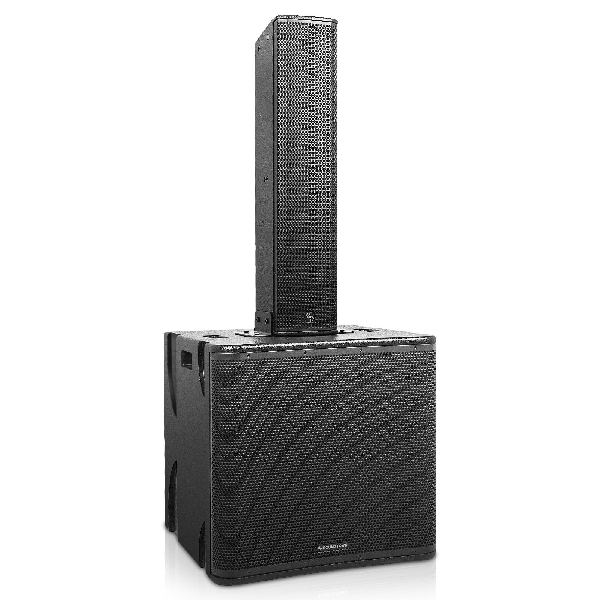 Sound Town CARPO Series Subwoofer and Line Array Speaker System with One Powered 18-inch Subwoofer, One High-Power Passive Column Line Array Speaker, Birch Plywood, Black (PS-18SP6B1.1)
