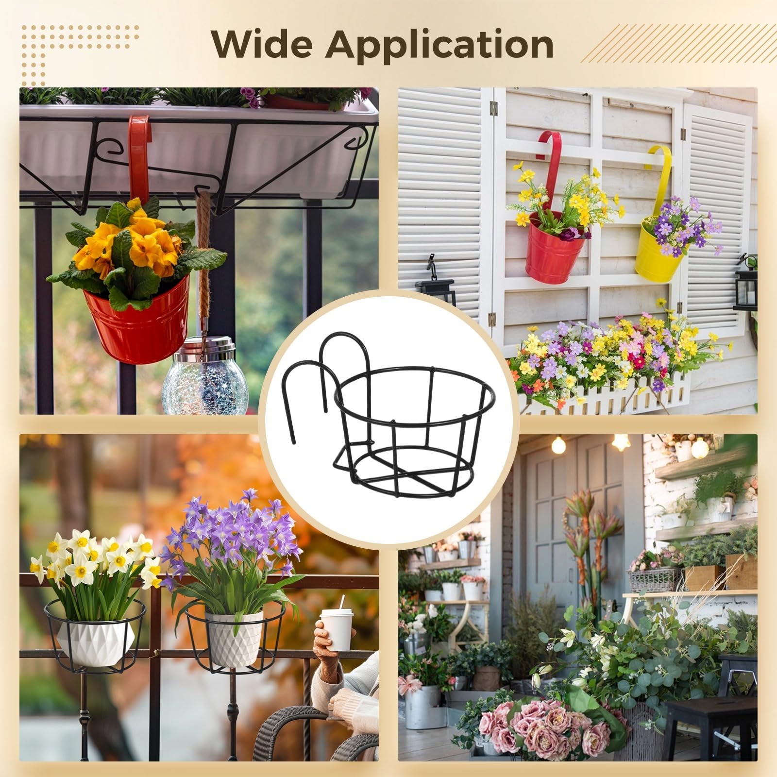 6 fioriere rotonde da appendere, per ringhiere da appendere, in ferro, supporto per vasi da fiori da appendere, in metallo, con ganci, per balconi, giardini, spazi interni