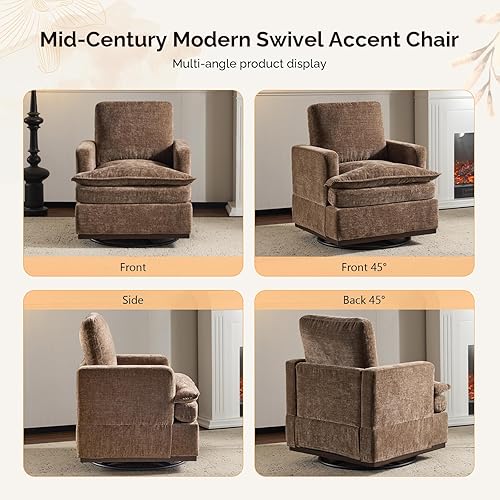 Miniatura 5 de VINGLI Mid-Century - Sillón giratorio simple, giratorio de 360, cojines de asiento de doble capa, silla cuadrada tapizada para sala de estar,