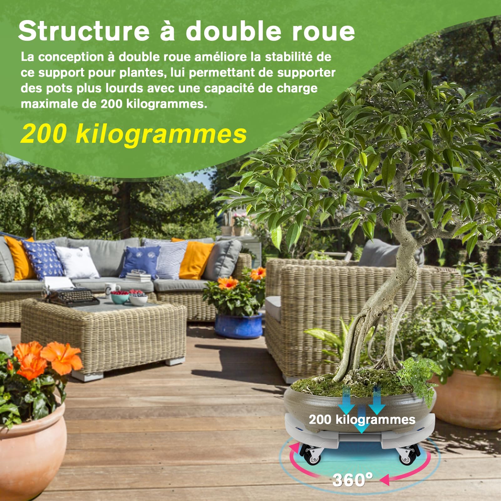 DEWEL Support Roulette Porte Plante Réglable 38-50cm, Capacité de Charge 200 kg