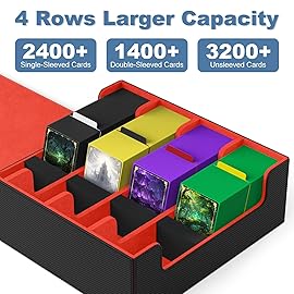 Mlikero Card Deck Case, 2400+ Trading Card Storage Box with 10 Colorful Dividers and 4 Foam Stoppers, Leather Magnetic Closure Commander Deck Box Fit for MTG, TCG (4 Rows, Black&Red)