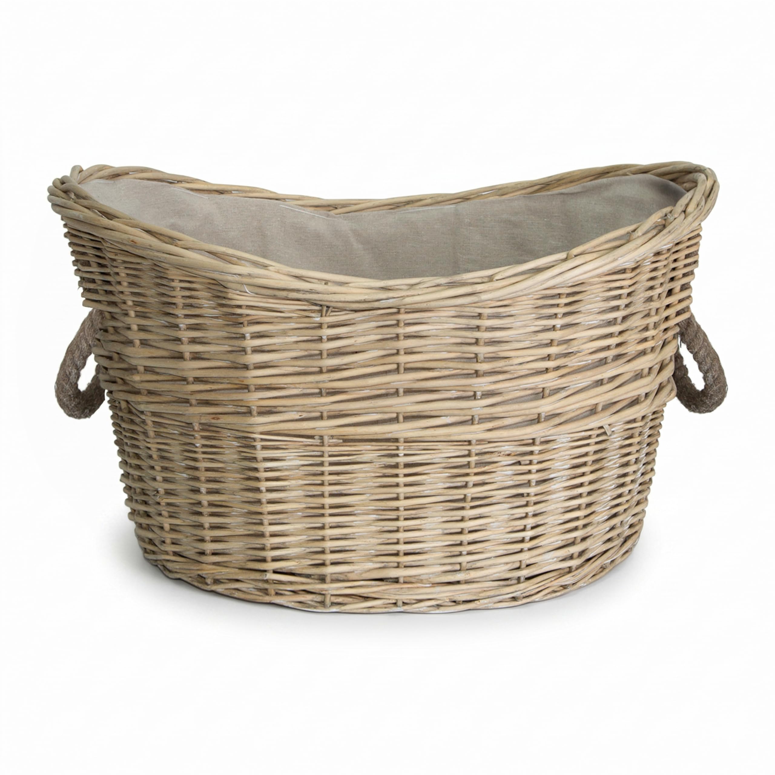 Wickerfield Wicker Log Basket for Wood Burner Indoor, Large Wicker Storage Basket with Rope Handle & Lining, Wood & Kindling Storage Baskets for Logs (Oval, Antique Wash)