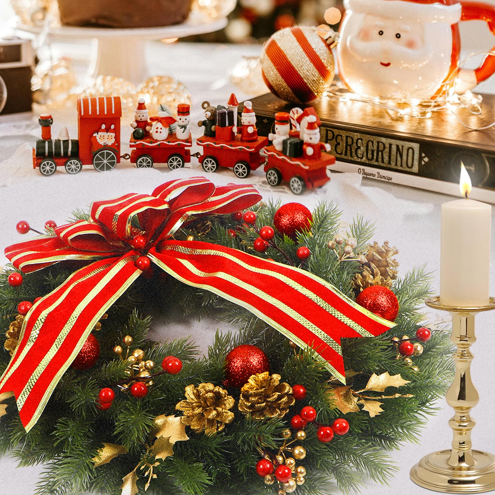 Couronne de Noël de 50,8 cm avec nœud pour porte d'entrée, couronne de Noël avec lumières et boules brillantes pour Noël, Nouvel An, décoration d'intérieur