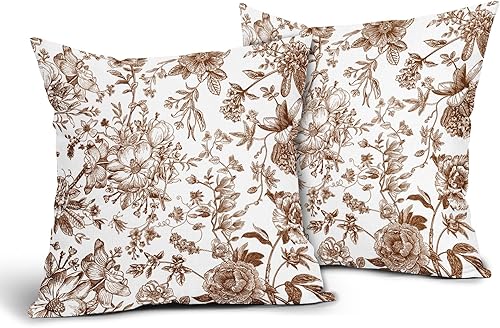 Miniatura 2 de Juego de 2 fundas de almohada marrón y blanco de 20 x 20 pulgadas  20.0 x 20.0 in., fundas de almohada vintage con flores marrones y blancas para
