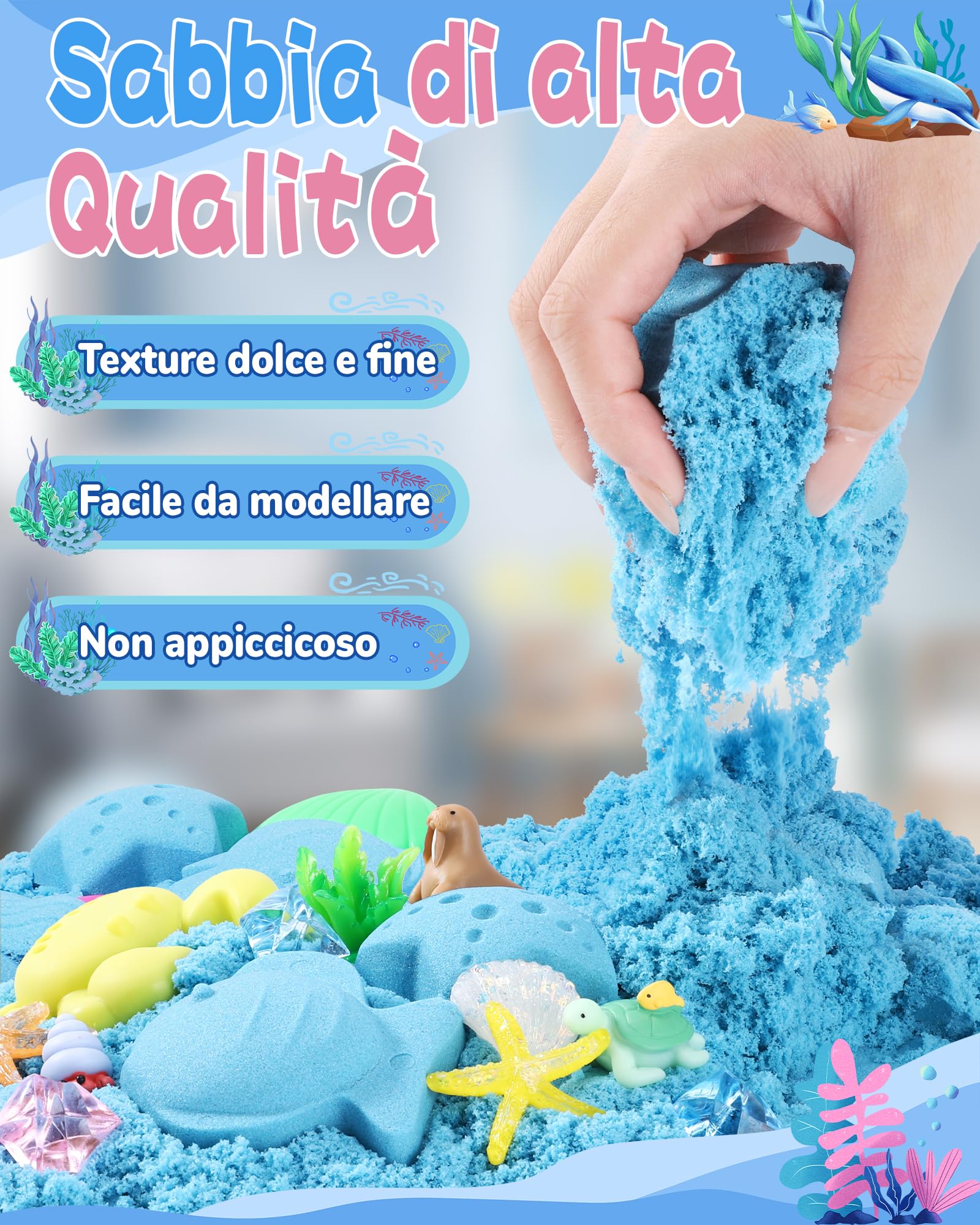 cycletour Magic Sand Set Ocean Series, set di sabbia magica, contiene 1 kg di sabbia magica blu, una sabbiera coperta e 47 giocattoli di sabbia, sabbia magica per bambini dai 3 anni in su