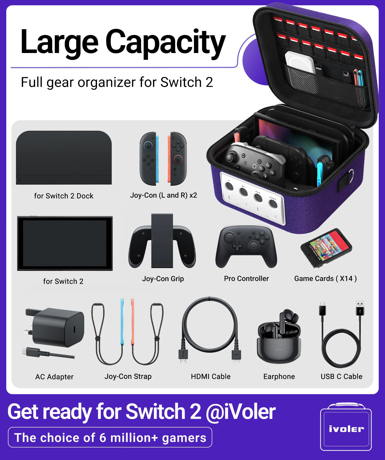 iVoler Compatto Custodia di Trasporto per Nintendo Switch 2 con Pellicole Protettive e Cappuccio del joystick, Case da Viaggio Rigido Deluxe per Console Switch, Dock e Altri Accessori - Viola