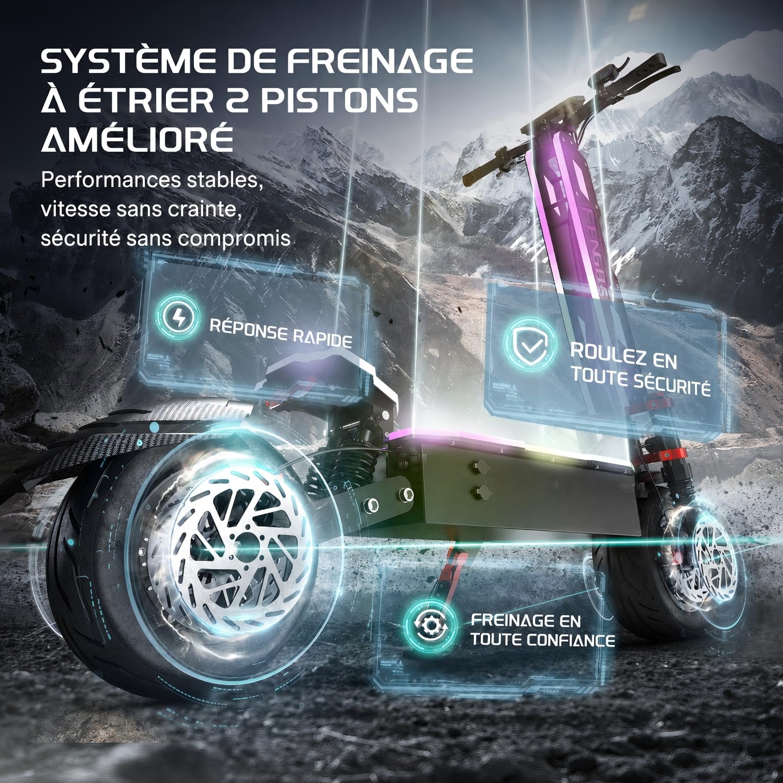 Trottinette Électrique Adulte, Double Moteur, Batterie 60V 38Ah, Jusqu'à 150 km d'Autonomie, Pneus Tout-Terrain Tubeless 12", NFC, Application, Freins ABS, Charge Max 249 kg