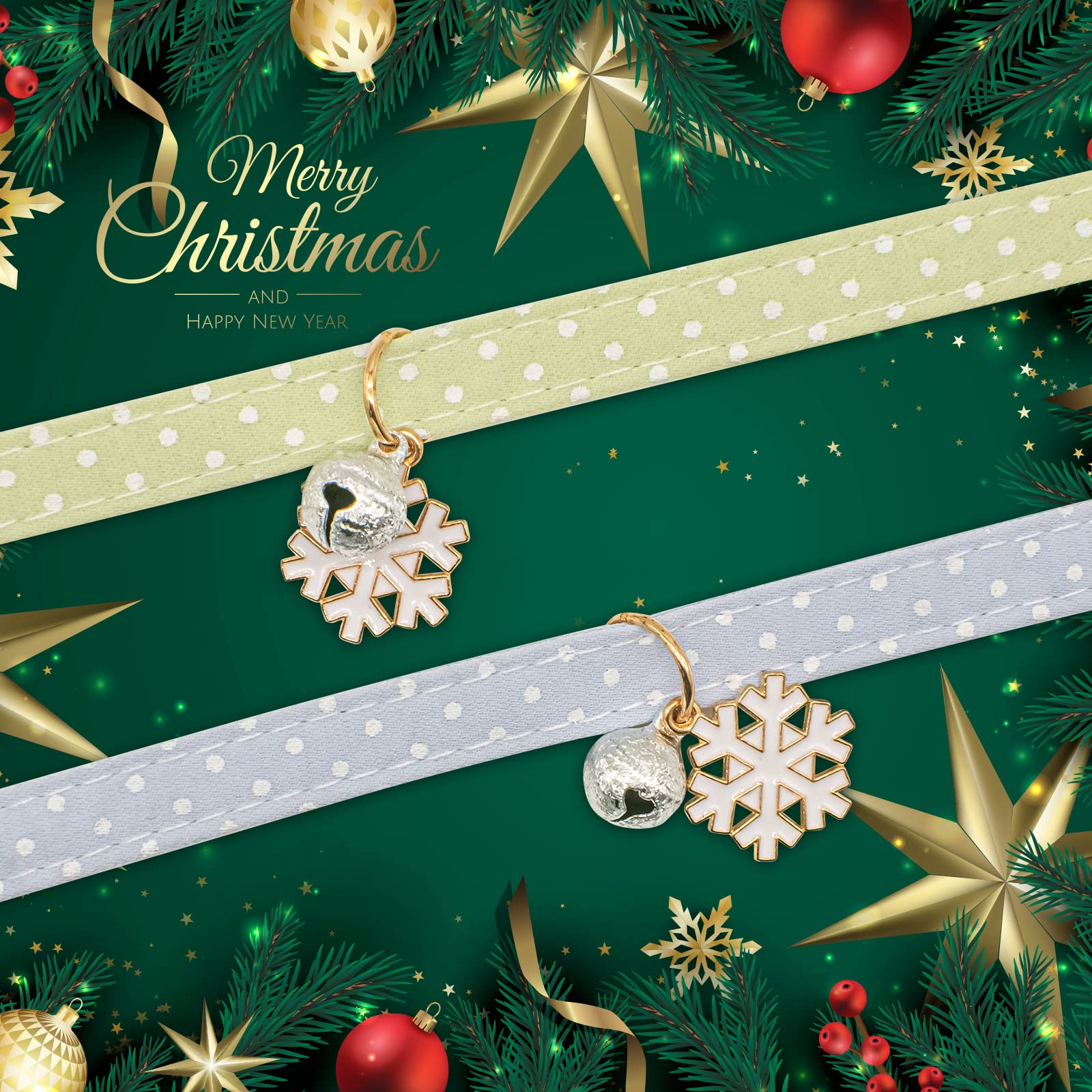 2 Pack Cotton Breakaway Cat Collar with Bell Green&Blue White Snowflake Pendant Cute Kitten Cat Collar Suitable for Girls and Boys
